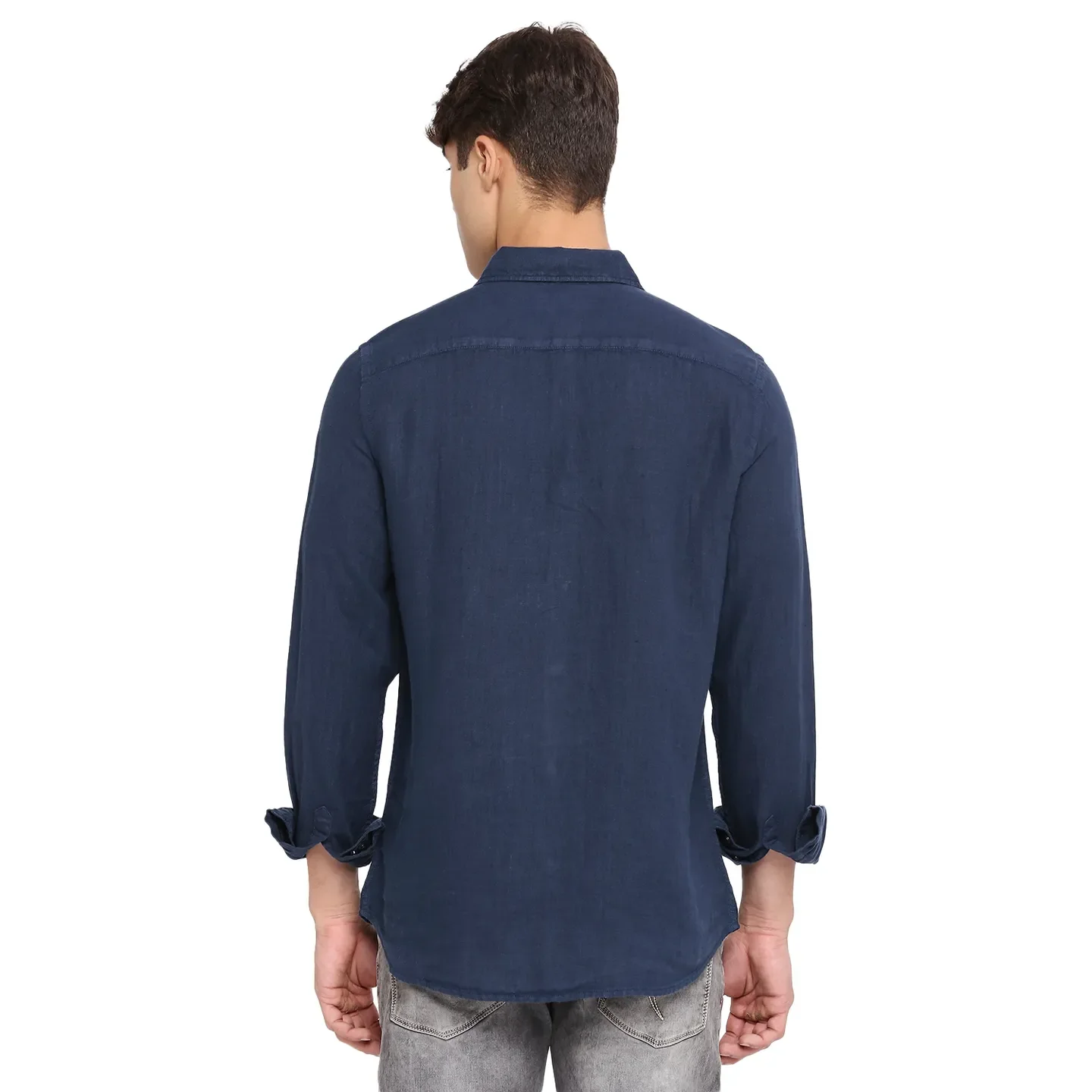 Blue Slim Straight Fit Regular Collar Long Sleeves LINEN Men's Shirt by Being Human Clothing - Image 4
