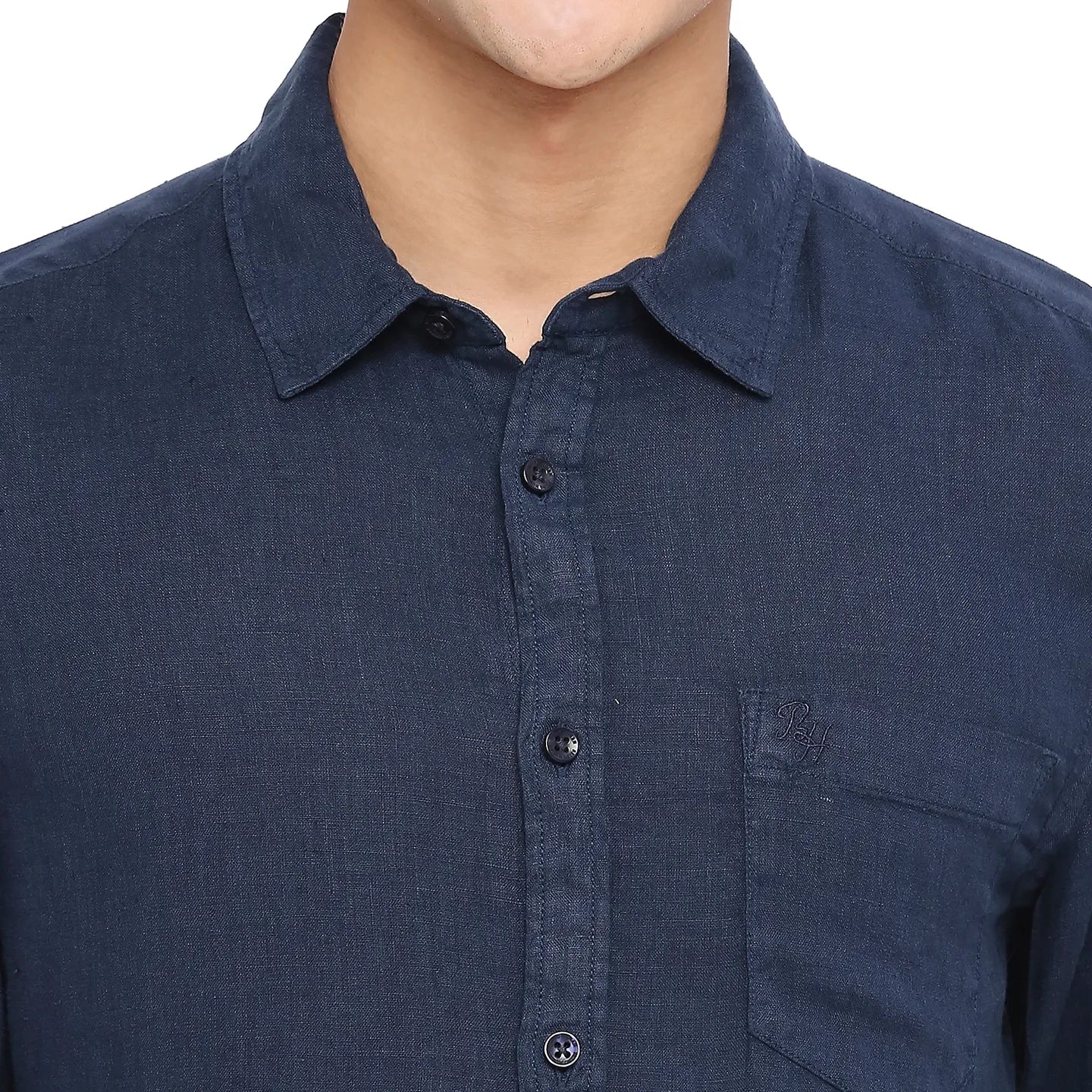 Blue Slim Straight Fit Regular Collar Long Sleeves LINEN Men's Shirt by Being Human Clothing - Image 5