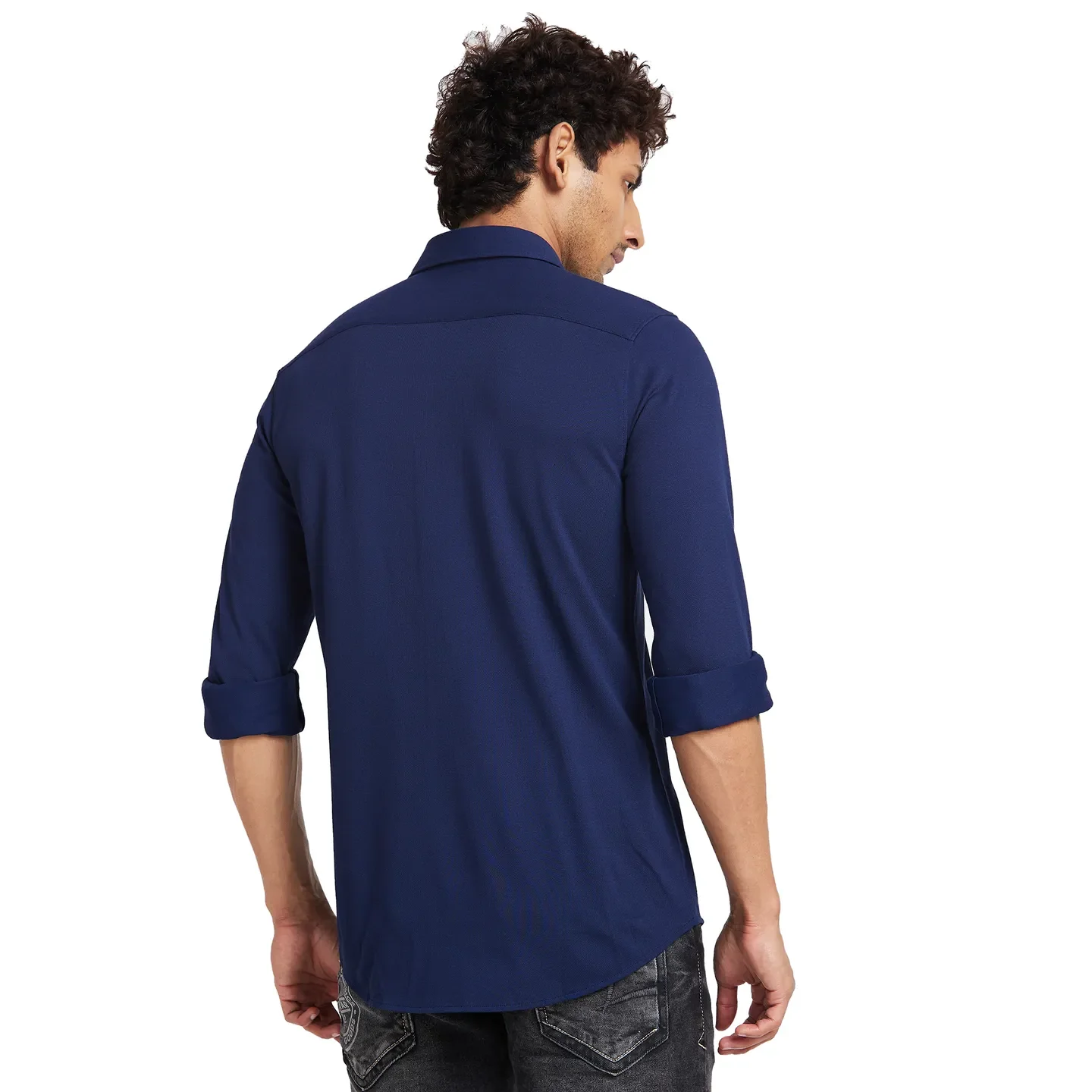 Blue Slim Straight Fit Regular Collar Long Sleeves Men's Shirt by Being Human Clothing - Image 4