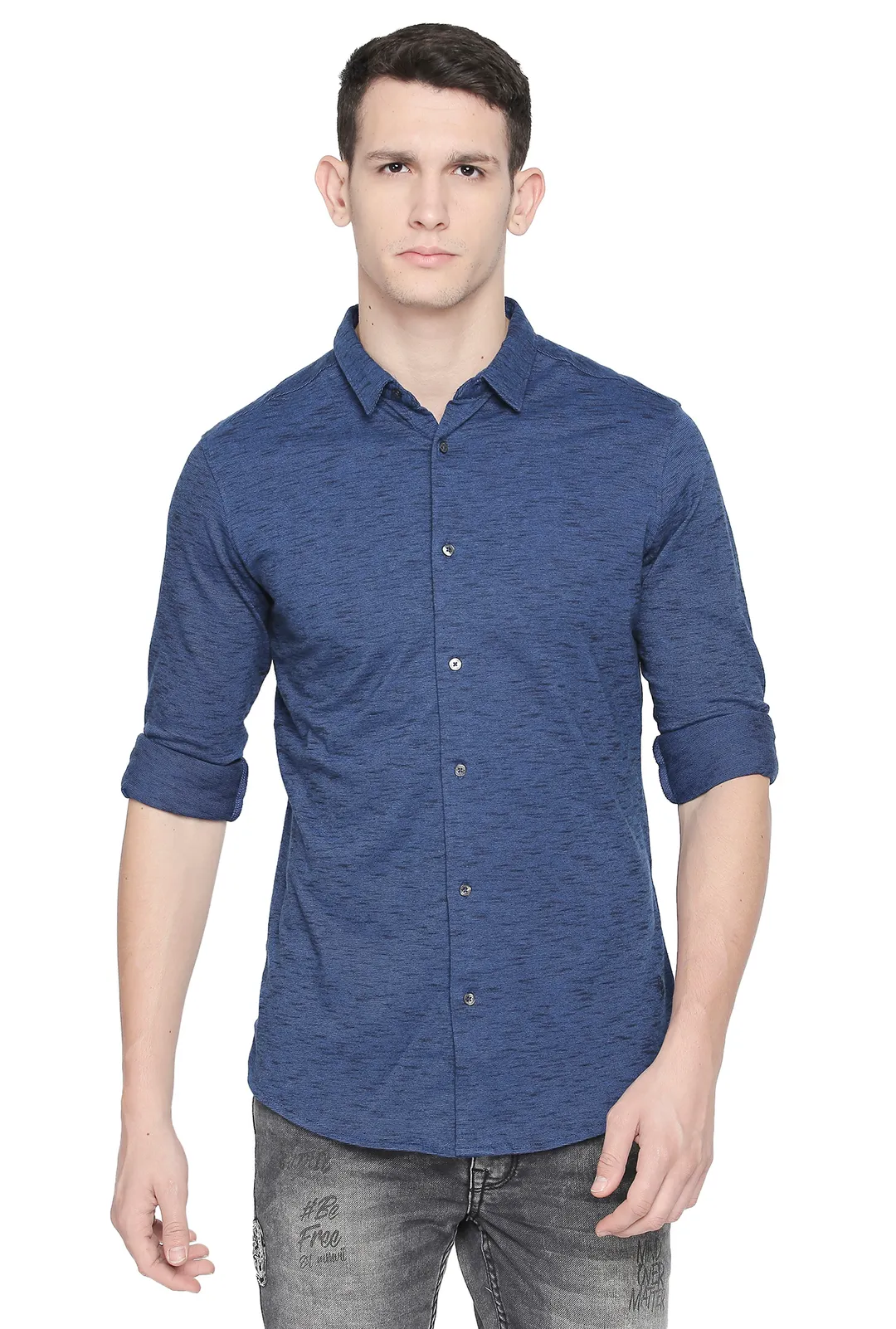 Blue Slim Straight Fit Regular Collar Long Sleeves Cotton Men's Shirt by Being Human Clothing - Image 5