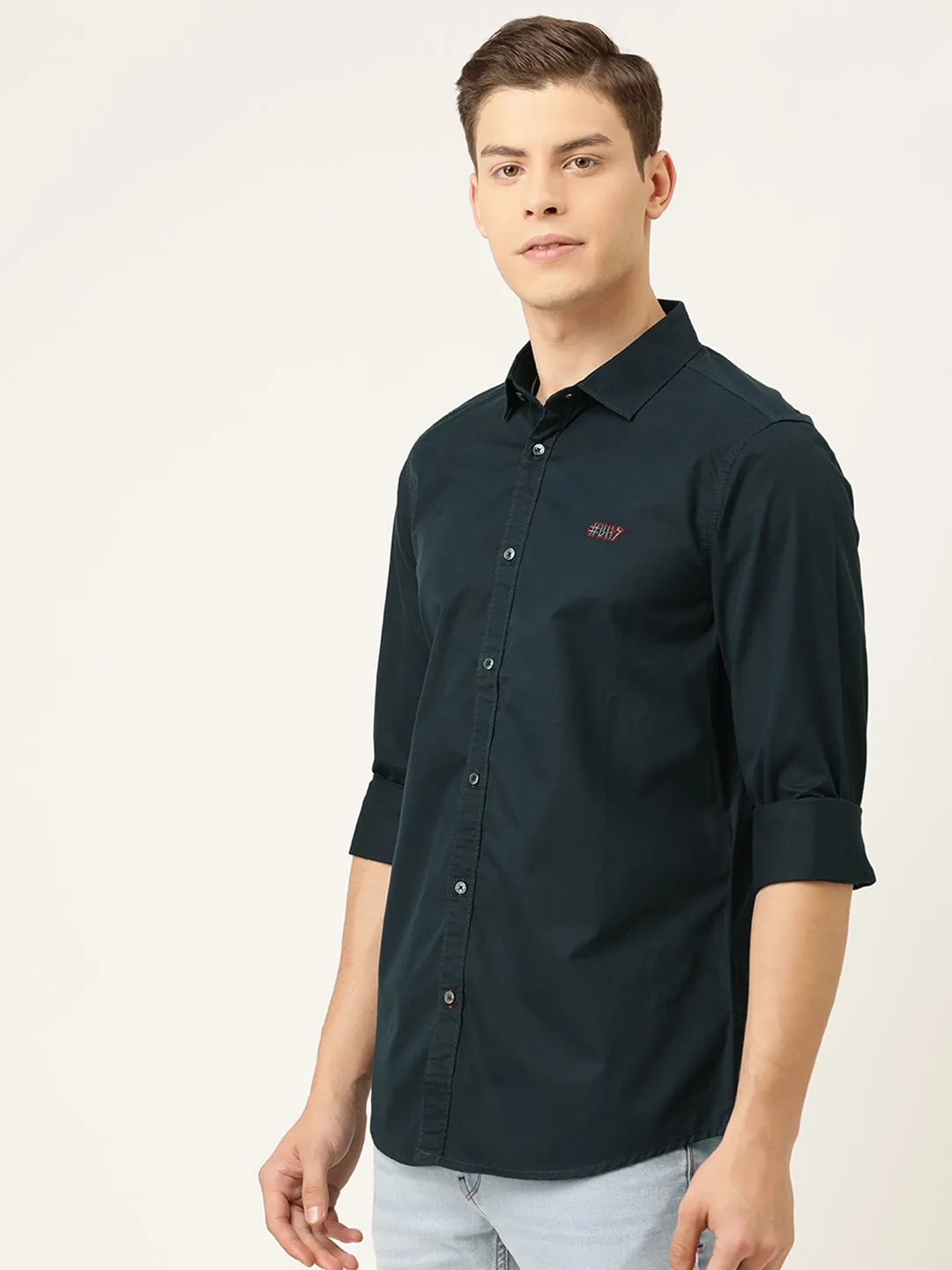 Blue Slim Straight Fit Regular Collar Long Sleeves Cotton Men's Shirt by Being Human Clothing - Image 4