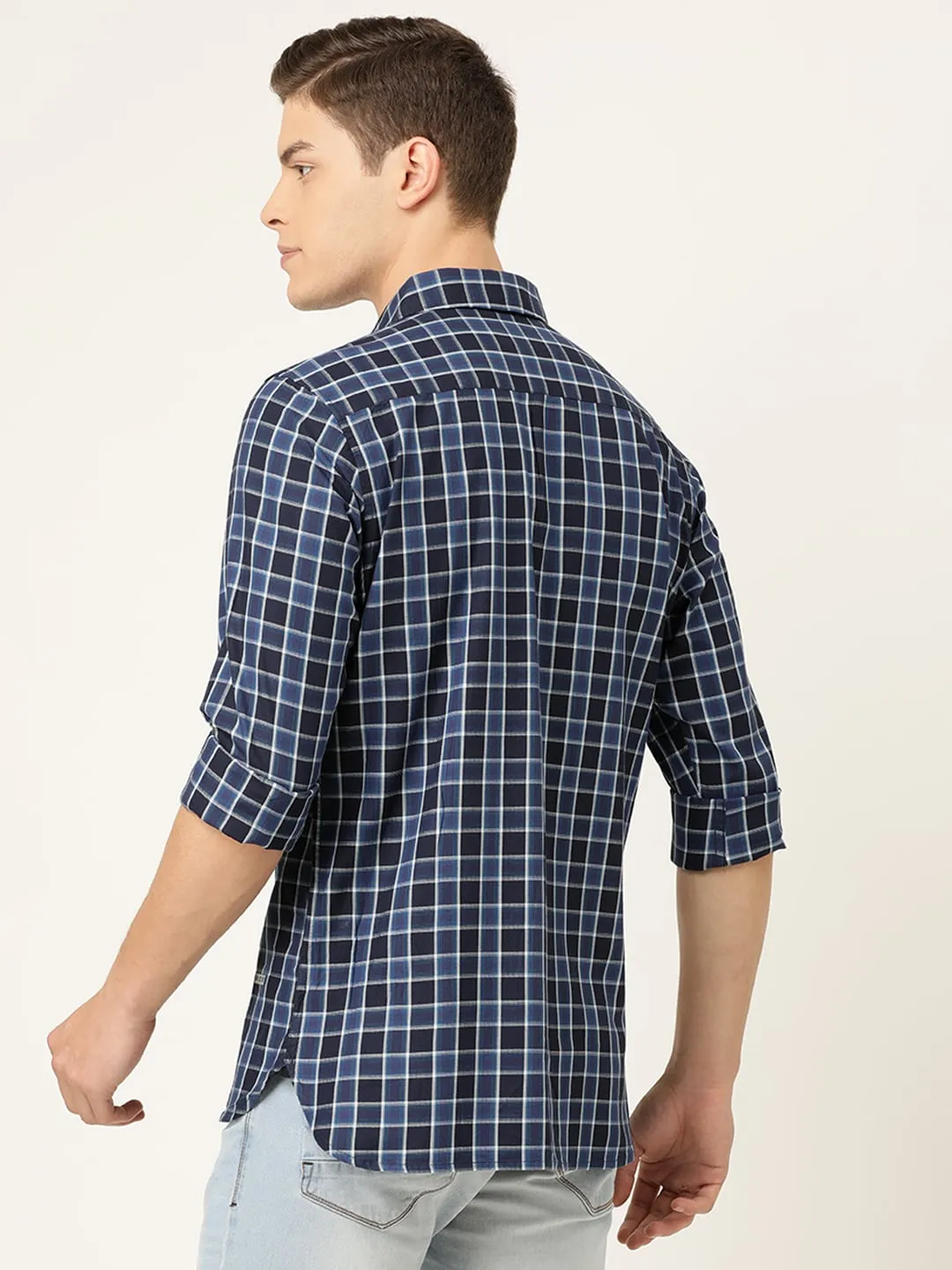 Blue Slim Straight Fit Regular Collar Long Sleeves Cotton Men's Shirt by Being Human Clothing - Image 2
