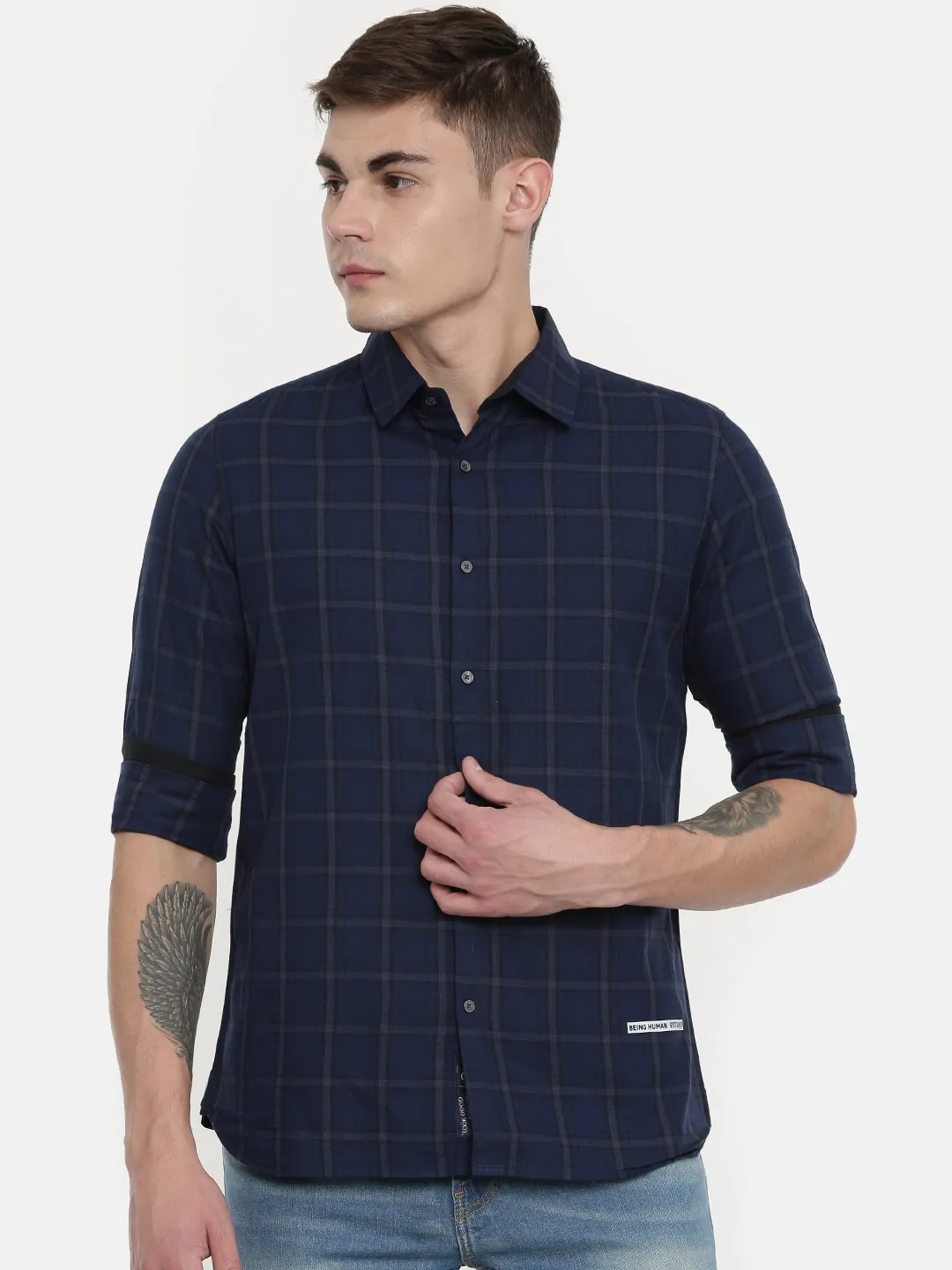Blue Slim Straight Fit Regular Collar Long Sleeves Cotton Men's Shirt by Being Human Clothing
