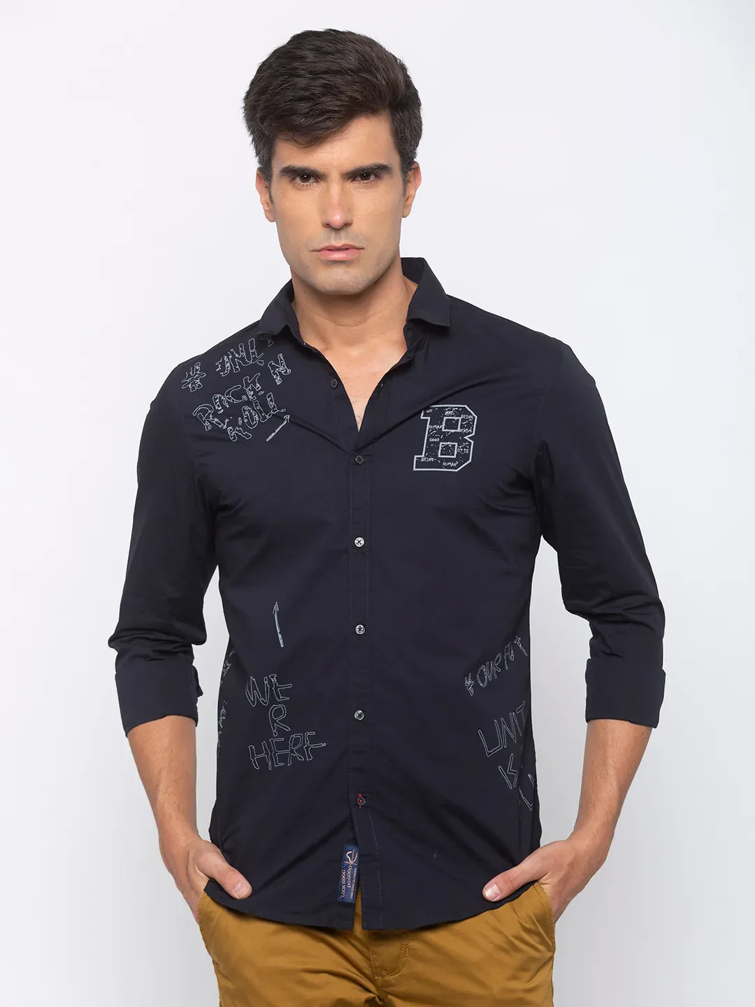 Blue Slim Straight Fit Regular Collar Long Sleeves Cotton Men's Shirt by Being Human Clothing