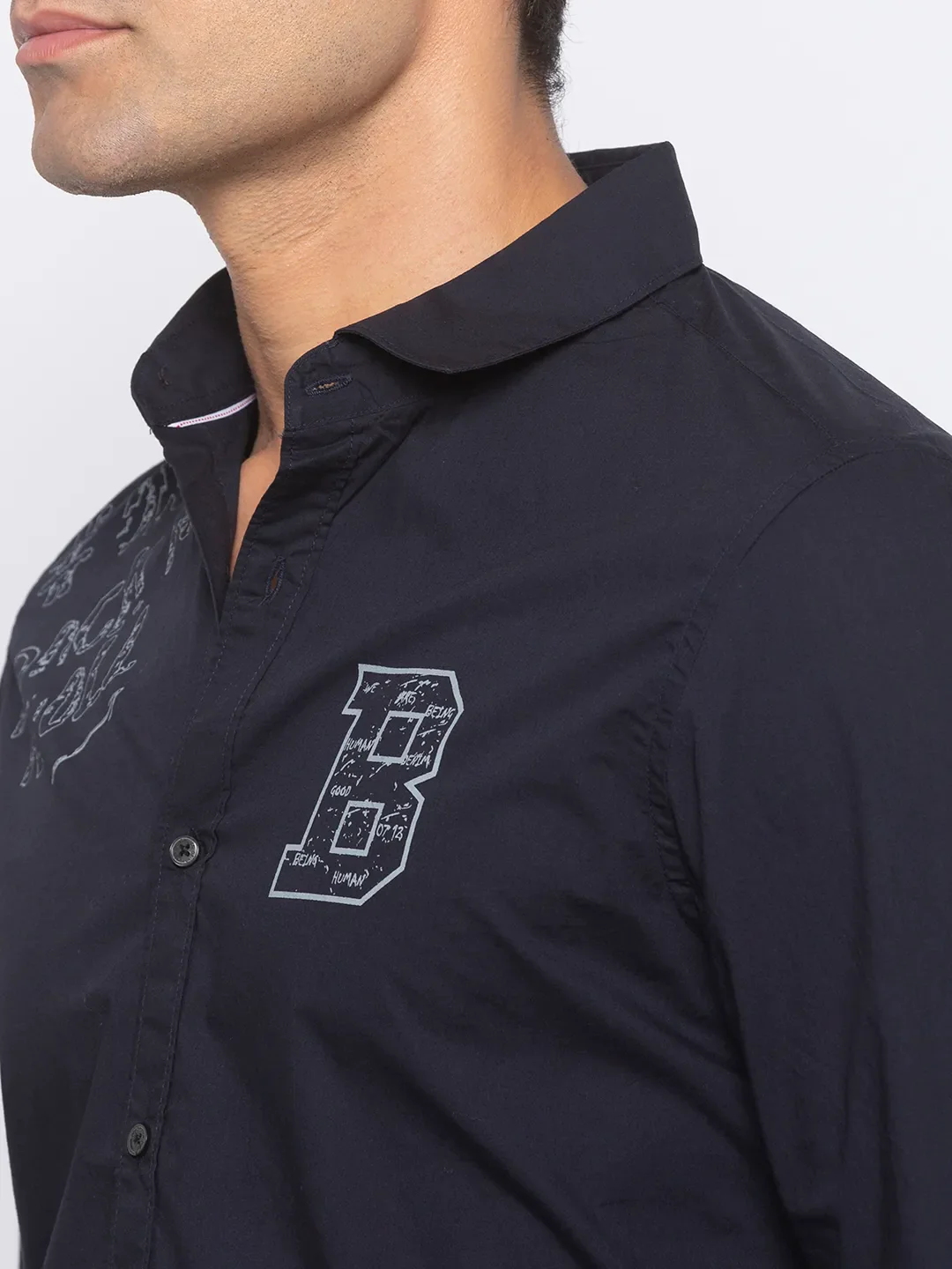 Blue Slim Straight Fit Regular Collar Long Sleeves Cotton Men's Shirt by Being Human Clothing - Image 5