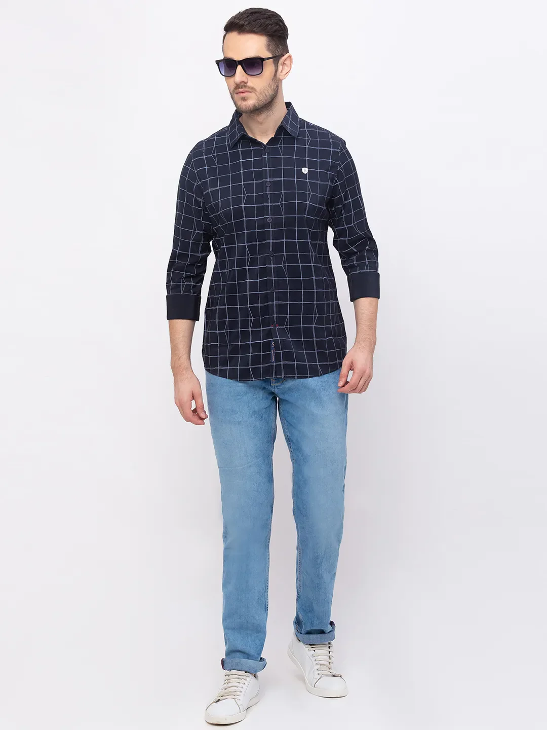 Blue Slim Straight Fit Regular Collar Long Sleeves Men's Shirt by Being Human Clothing - Image 5