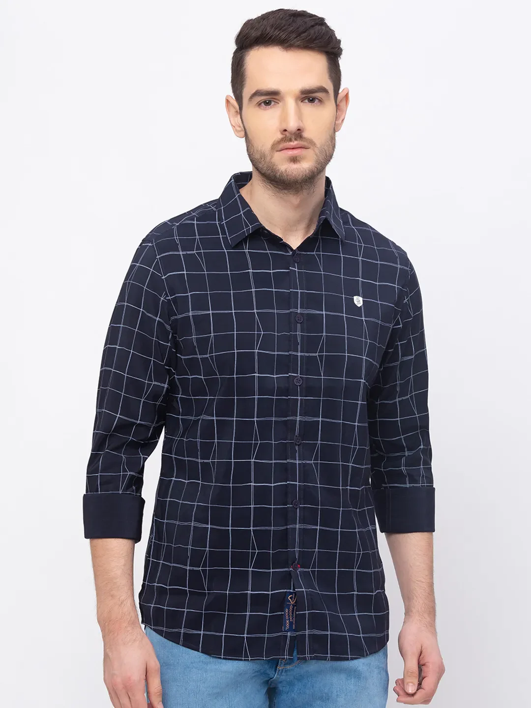 Blue Slim Straight Fit Regular Collar Long Sleeves Men's Shirt by Being Human Clothing - Image 6