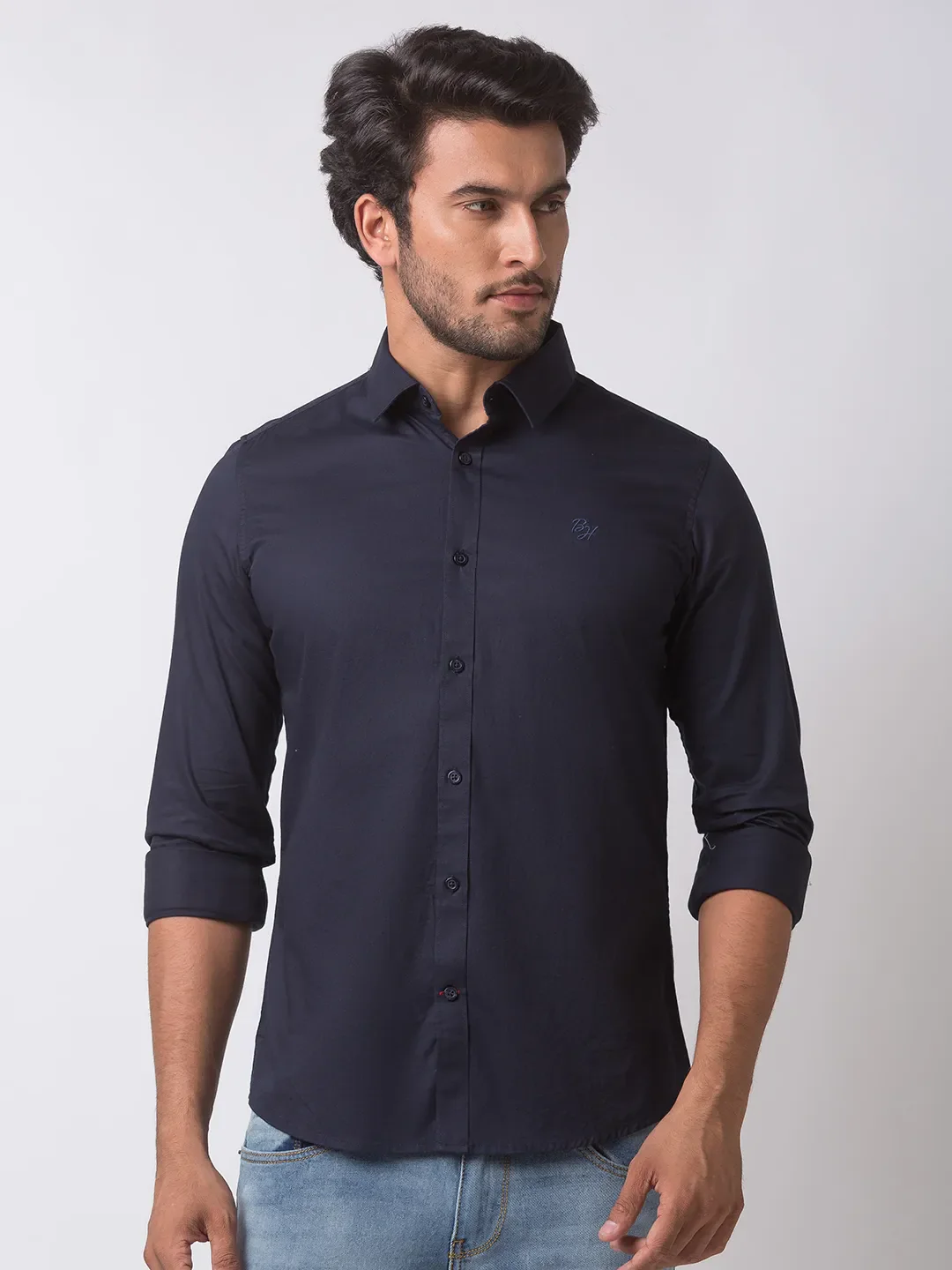 Blue Slim Straight Fit Regular Collar Long Sleeves Cotton Men's Shirt by Being Human Clothing