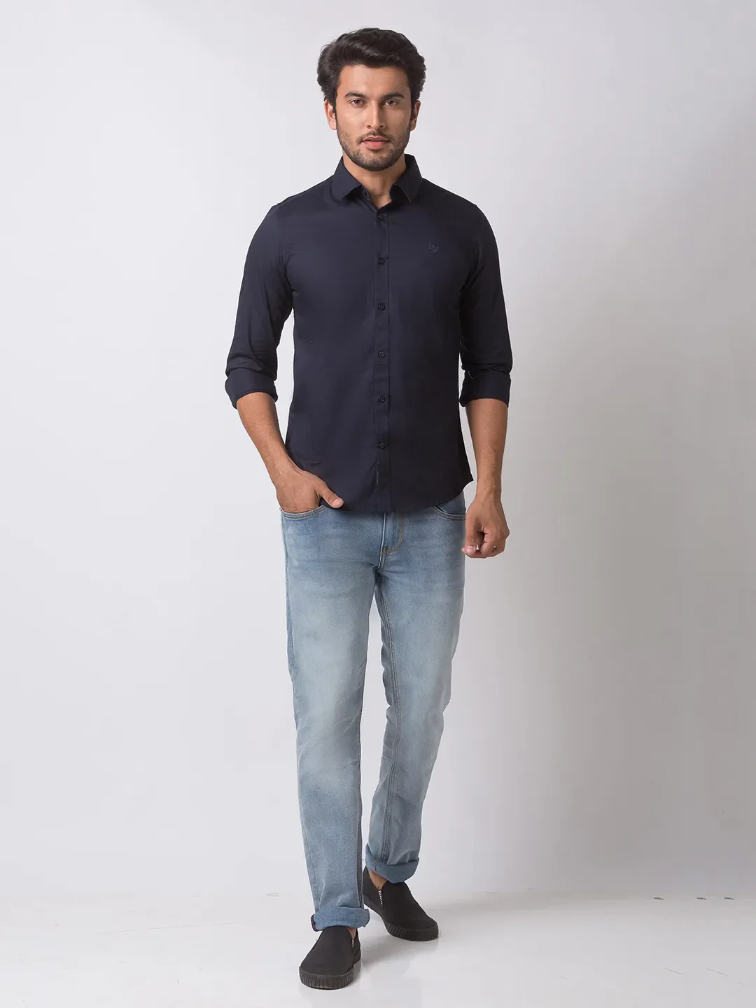 Blue Slim Straight Fit Regular Collar Long Sleeves Cotton Men's Shirt by Being Human Clothing - Image 2