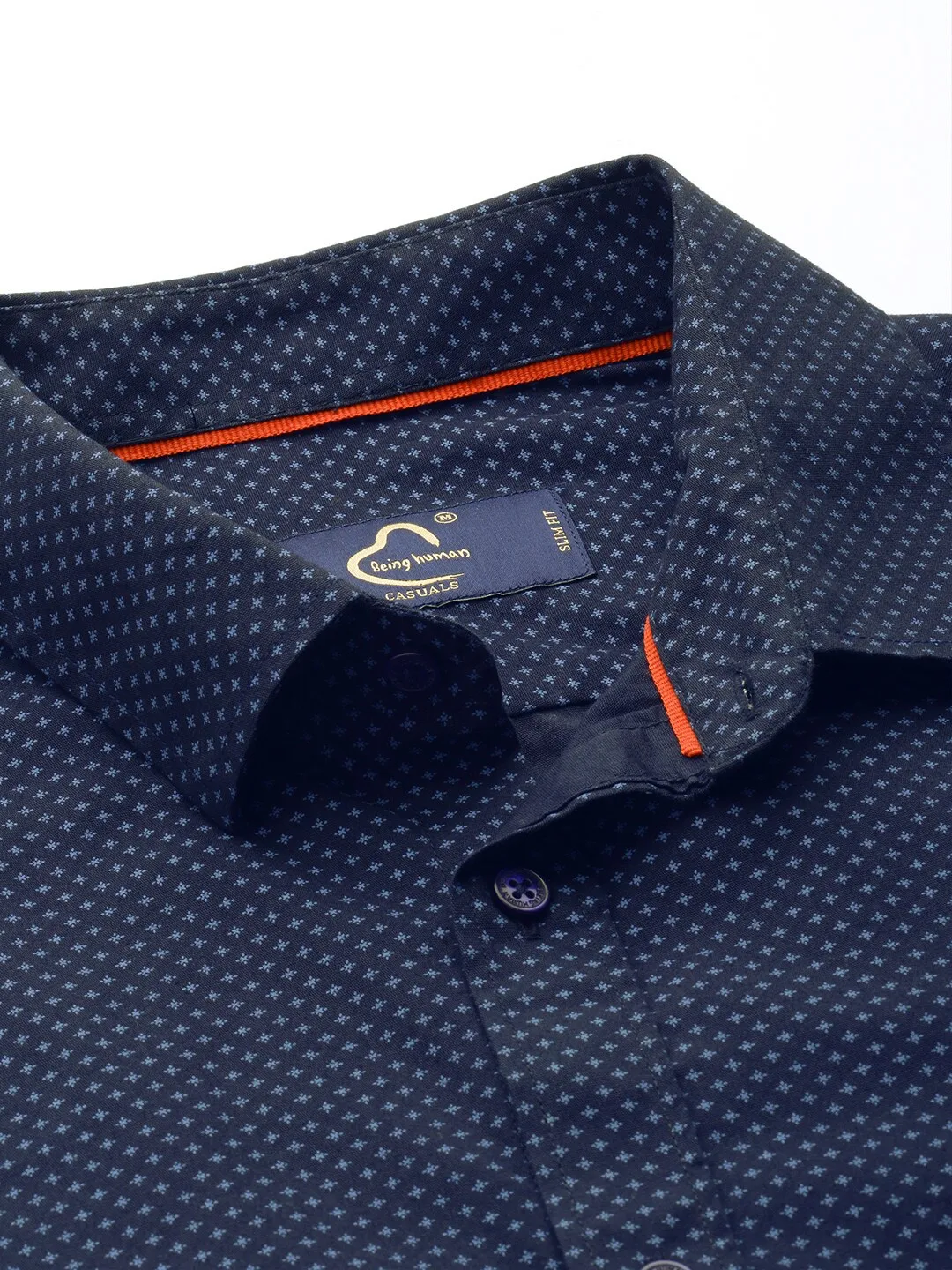 Blue Slim Straight Fit Regular Collar Long Sleeves Cotton Men's Shirt by Being Human Clothing - Image 5