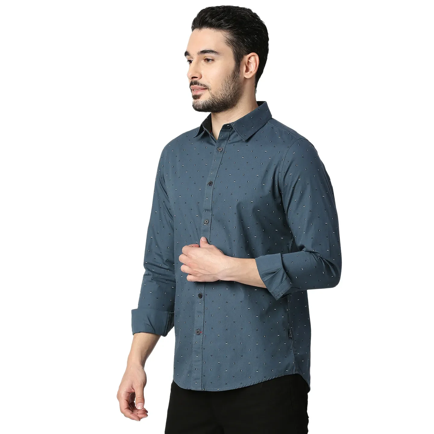 Blue Slim Straight Fit Regular Collar Long Sleeves Cotton Men's Shirt by Being Human Clothing - Image 2