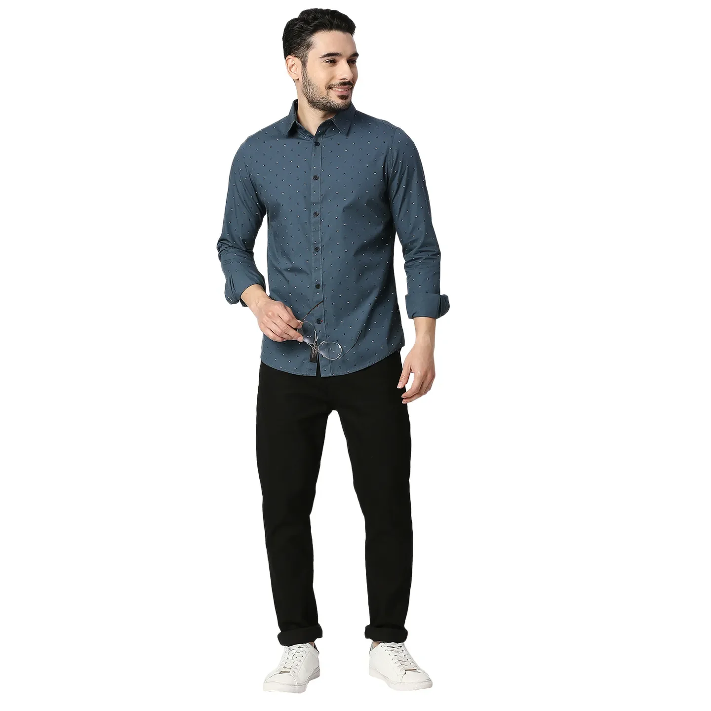 Blue Slim Straight Fit Regular Collar Long Sleeves Cotton Men's Shirt by Being Human Clothing - Image 5