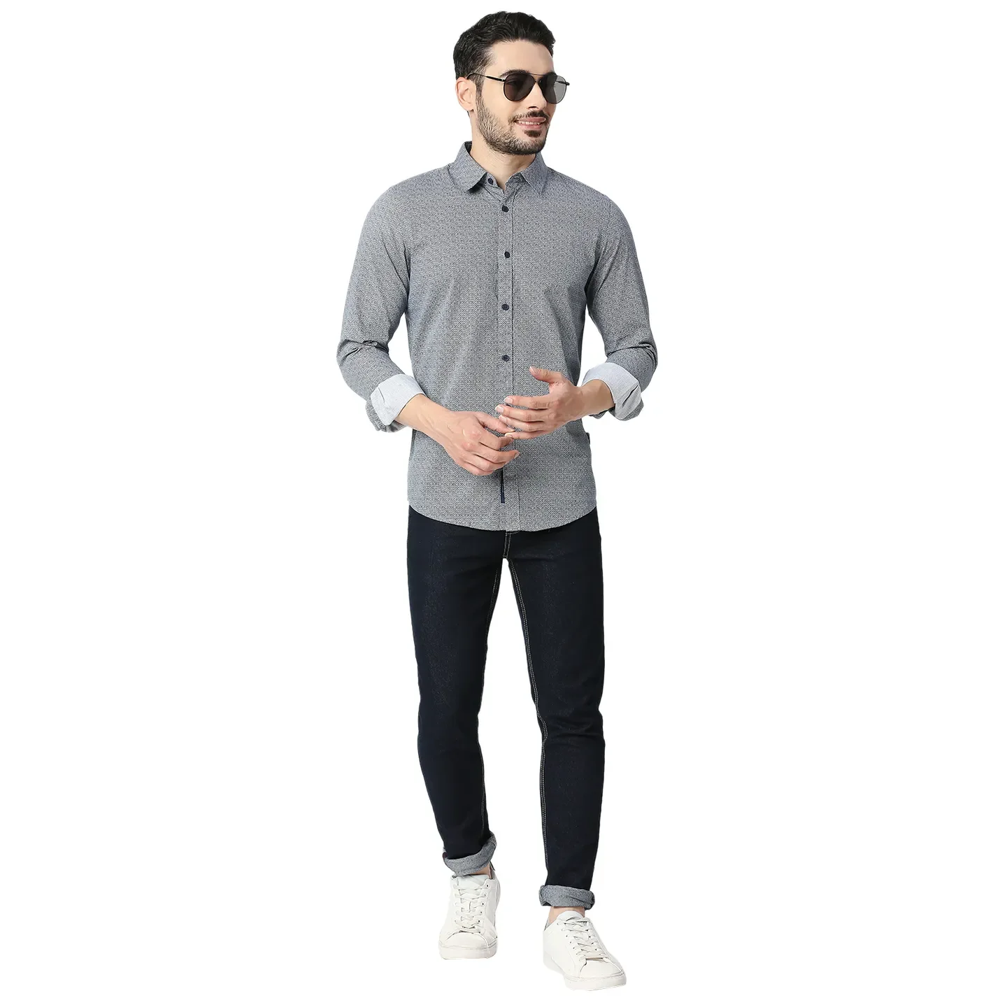 Blue Slim Straight Fit Regular Collar Long Sleeves Cotton Men's Shirt by Being Human Clothing - Image 5