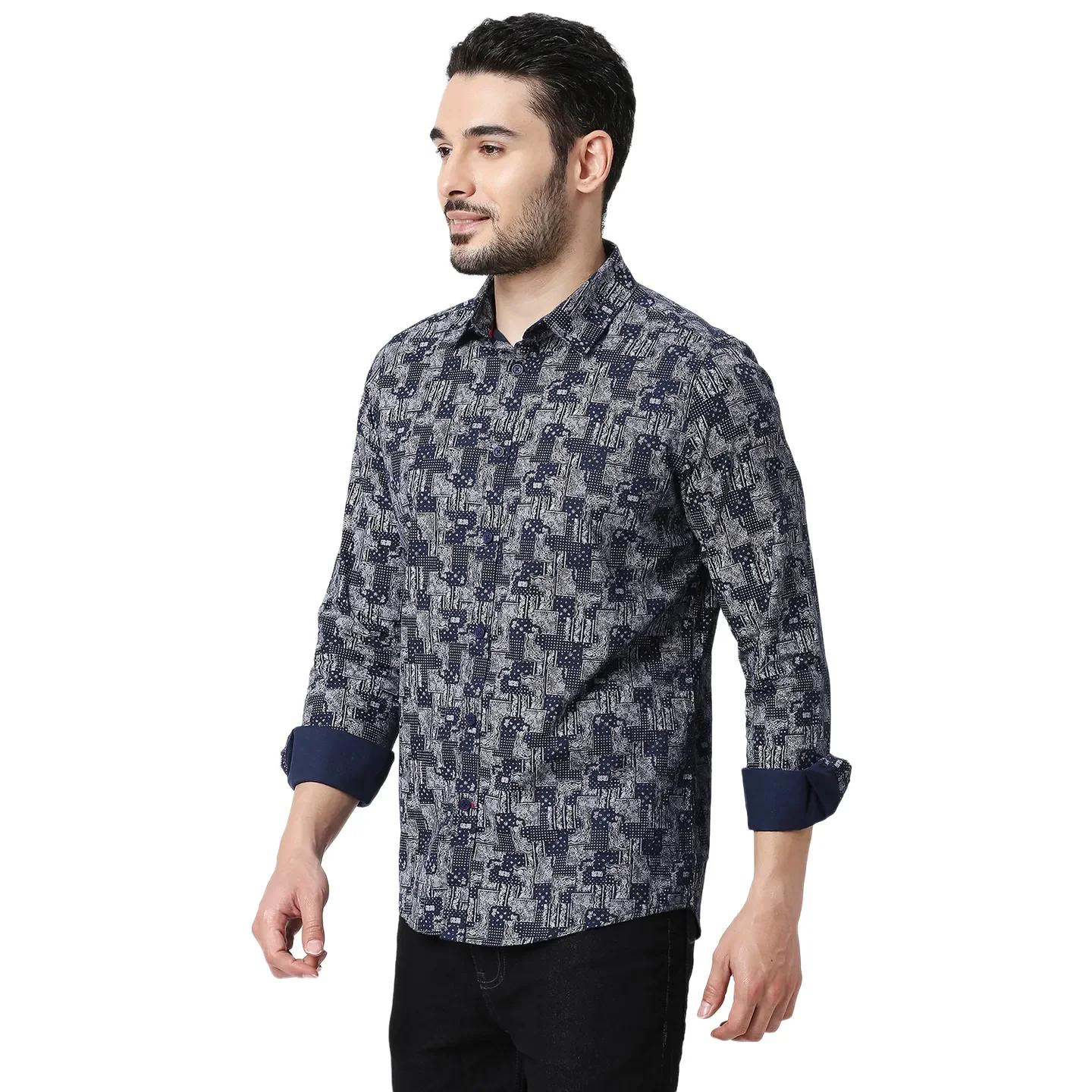 Blue Slim Straight Fit Regular Collar Long Sleeves Cotton Men's Shirt by Being Human Clothing - Image 2