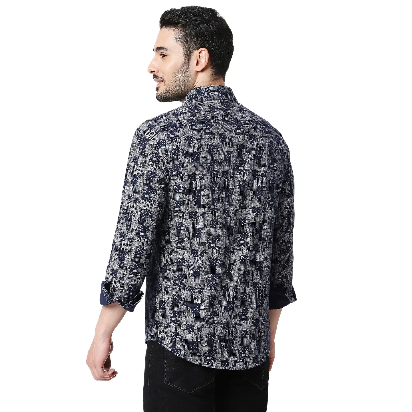 Blue Slim Straight Fit Regular Collar Long Sleeves Cotton Men's Shirt by Being Human Clothing - Image 3