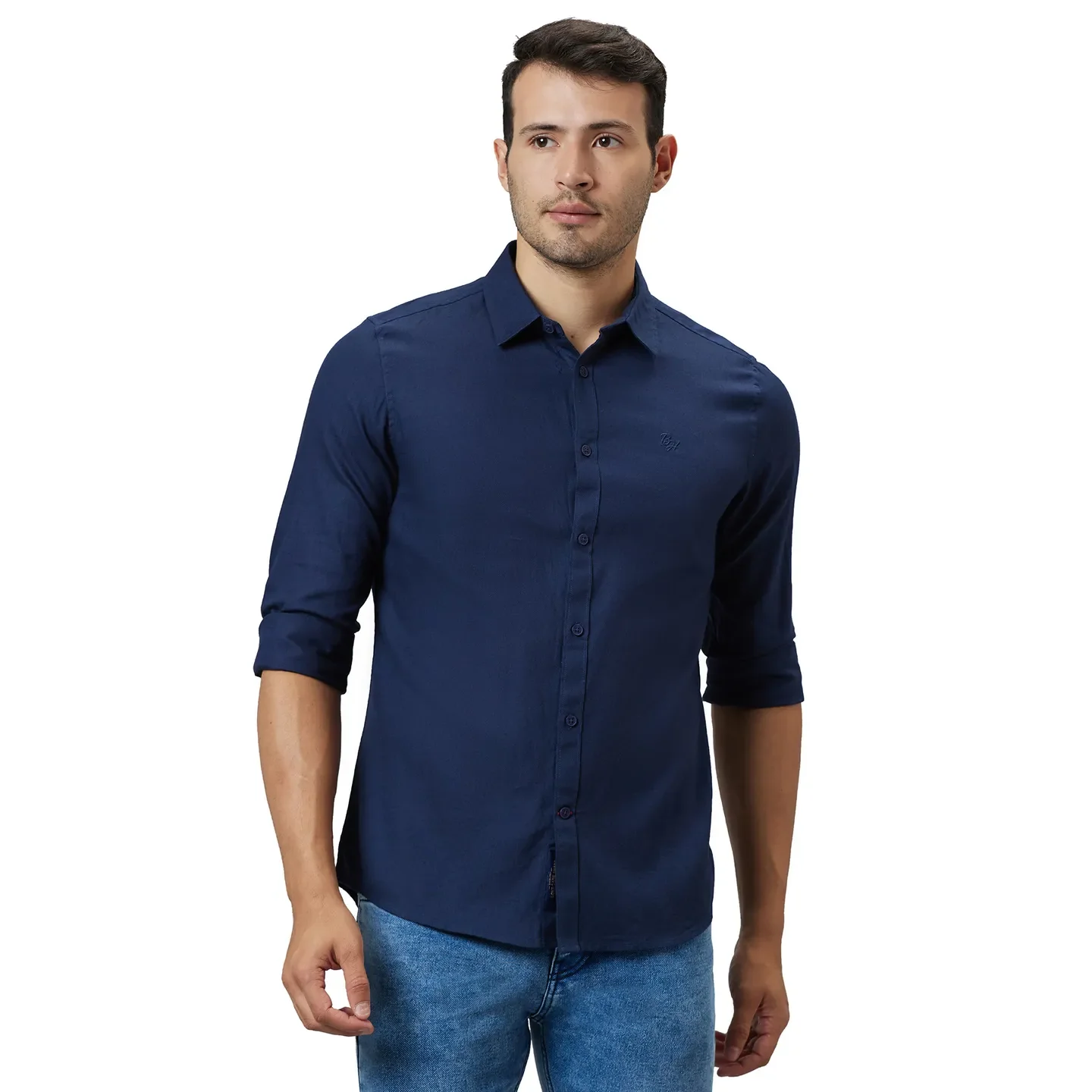 Blue Slim Straight Fit Regular Collar Long Sleeves Cotton Men's Shirt by Being Human Clothing