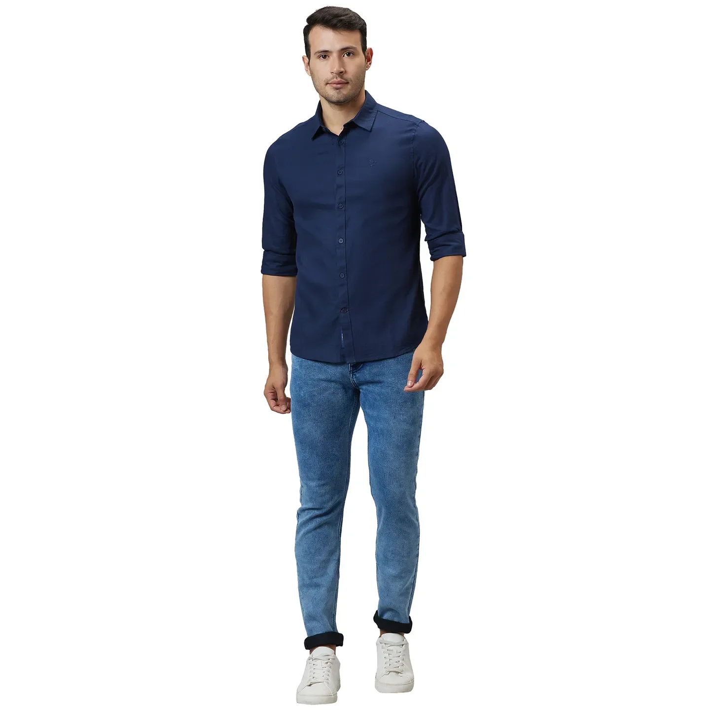 Blue Slim Straight Fit Regular Collar Long Sleeves Cotton Men's Shirt by Being Human Clothing - Image 2