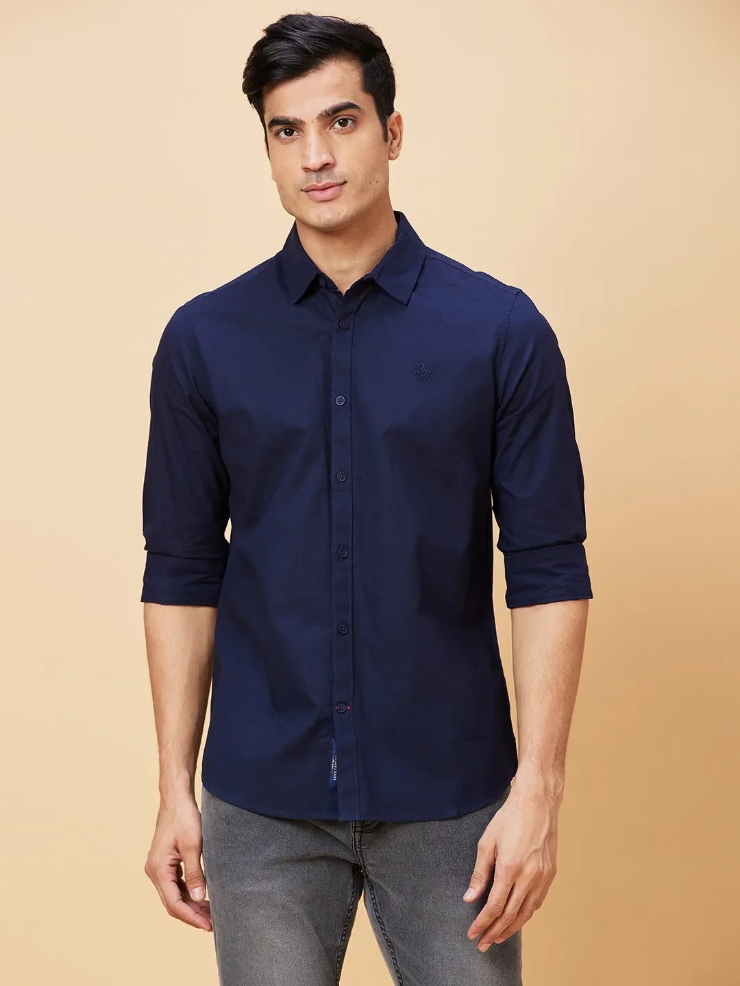 Blue Slim Straight Fit Regular Collar Long Sleeves Cotton Men's Shirt by Being Human Clothing