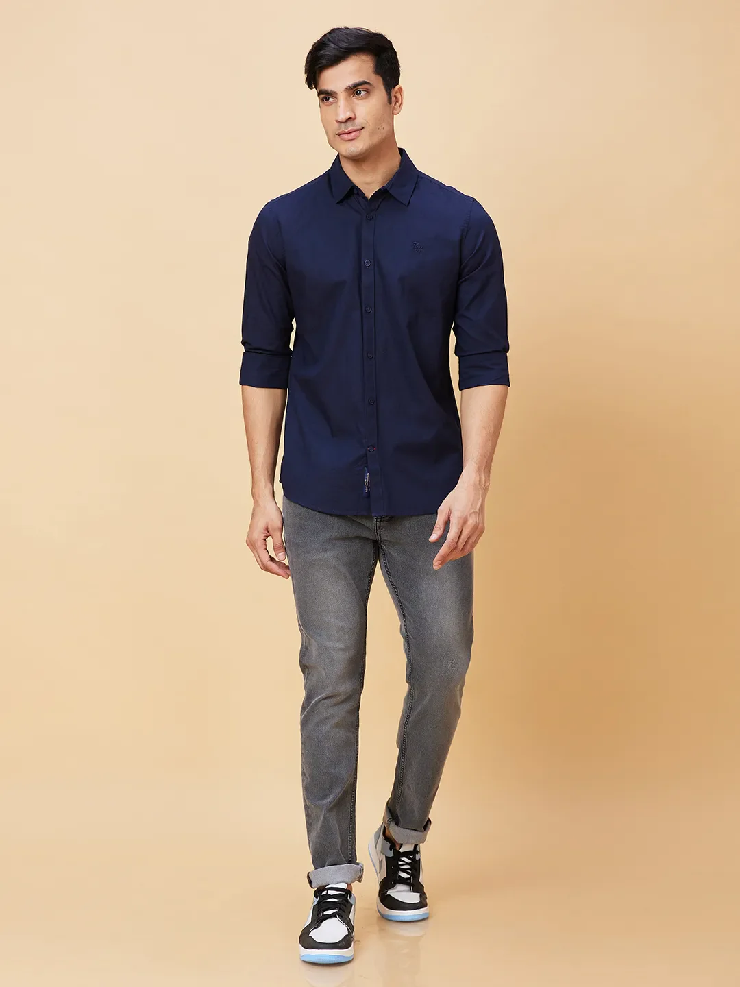 Blue Slim Straight Fit Regular Collar Long Sleeves Cotton Men's Shirt by Being Human Clothing - Image 2