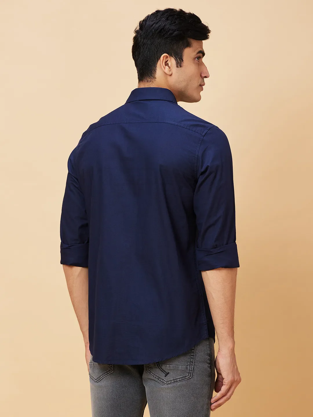 Blue Slim Straight Fit Regular Collar Long Sleeves Cotton Men's Shirt by Being Human Clothing - Image 4