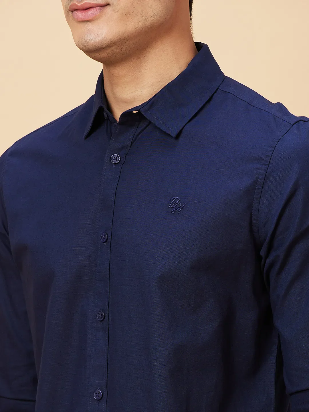 Blue Slim Straight Fit Regular Collar Long Sleeves Cotton Men's Shirt by Being Human Clothing - Image 5