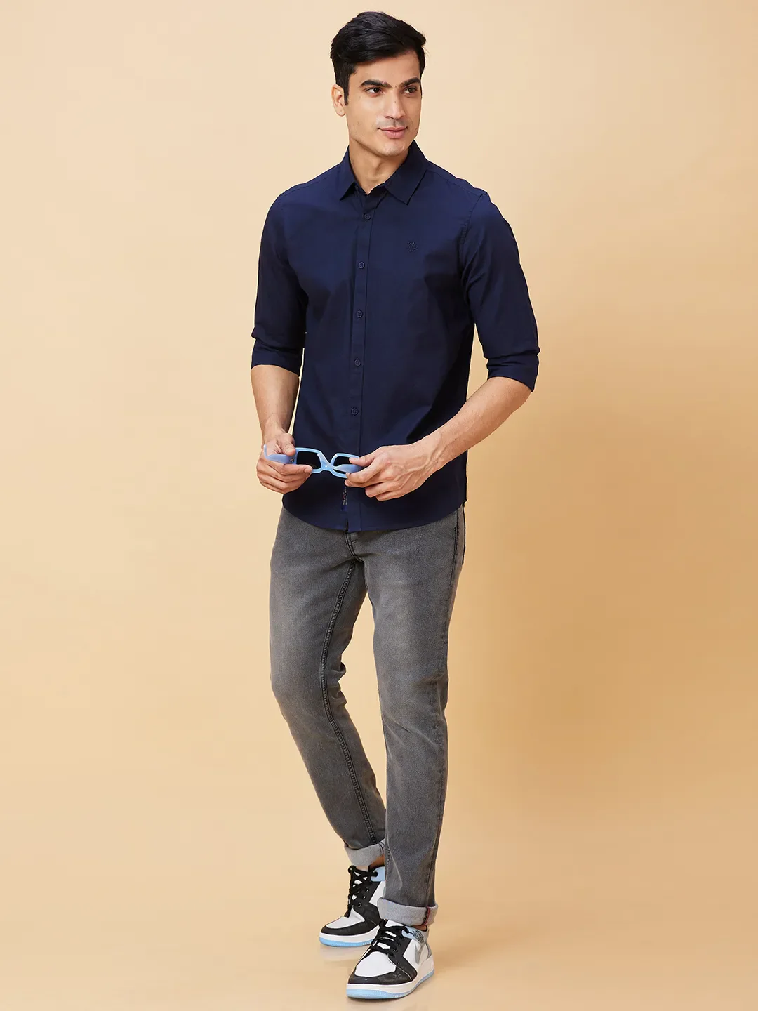 Blue Slim Straight Fit Regular Collar Long Sleeves Cotton Men's Shirt by Being Human Clothing - Image 6