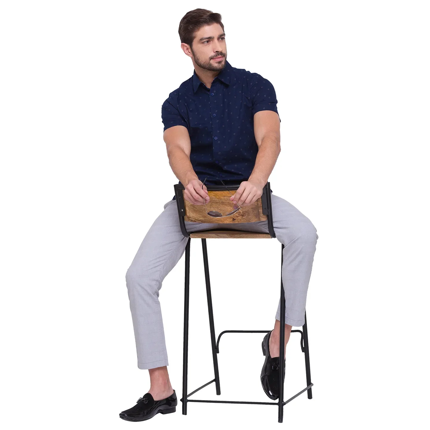 Blue Slim Straight Fit Regular Collar Short Sleeves Cotton Men's Shirt by Being Human Clothing - Image 5