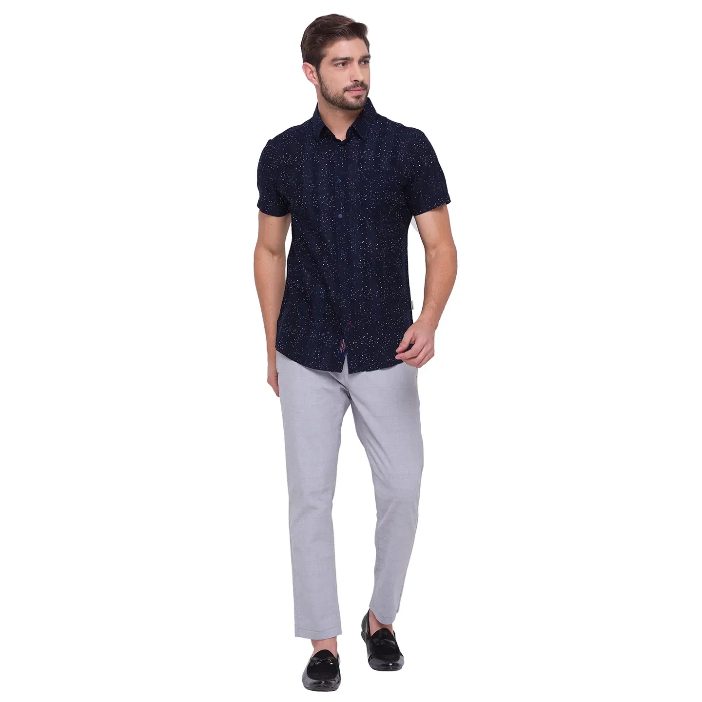 Blue Slim Straight Fit Regular Collar Short Sleeves Cotton Men's Shirt by Being Human Clothing - Image 5