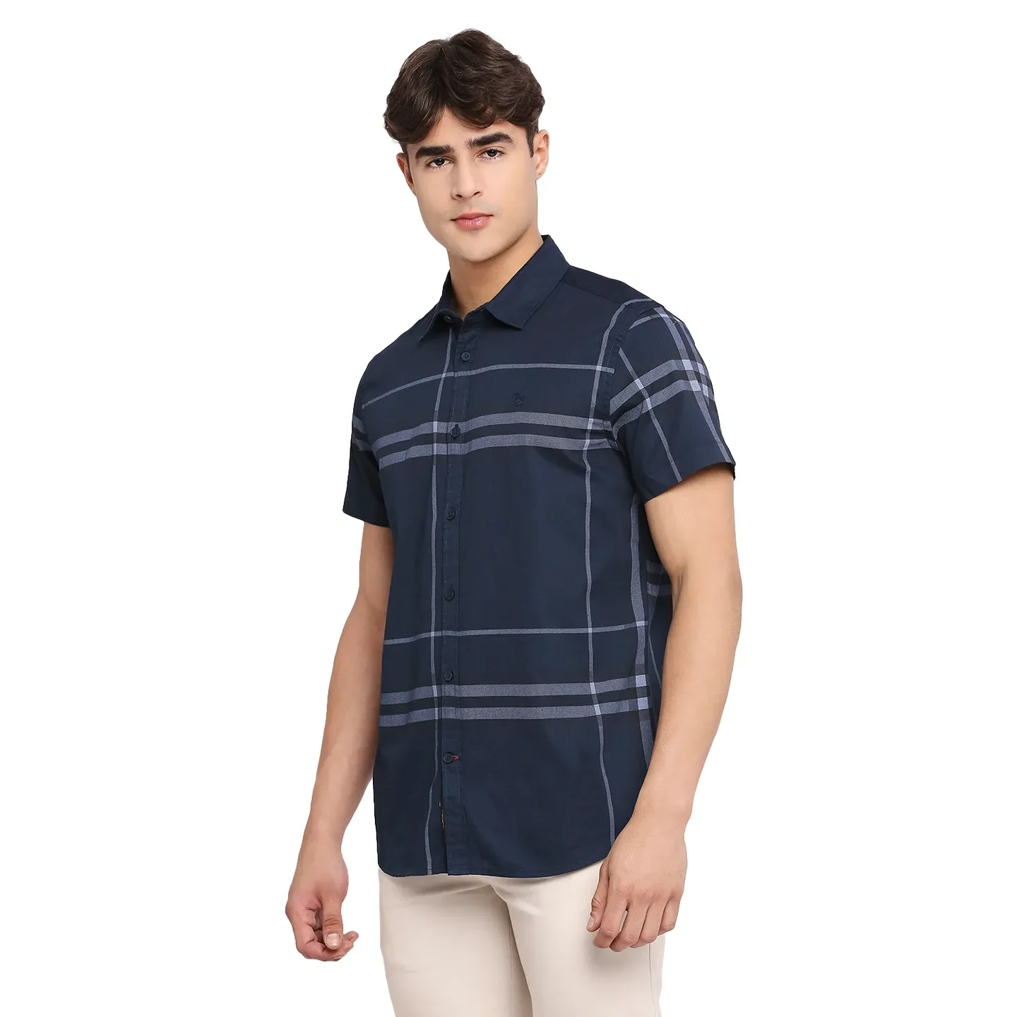 Blue Slim Straight Fit Regular Collar Short Sleeves Cotton Men's Shirt by Being Human Clothing - Image 2