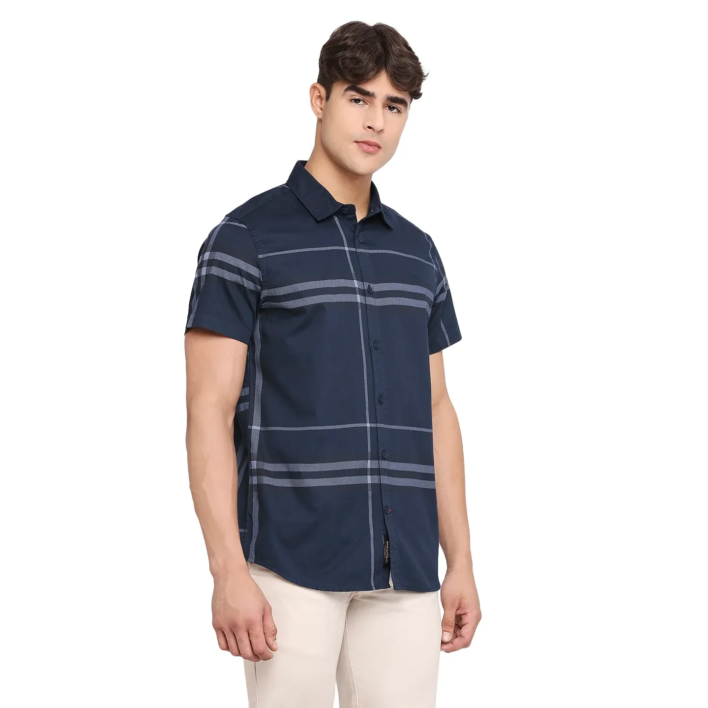 Blue Slim Straight Fit Regular Collar Short Sleeves Cotton Men's Shirt by Being Human Clothing - Image 3