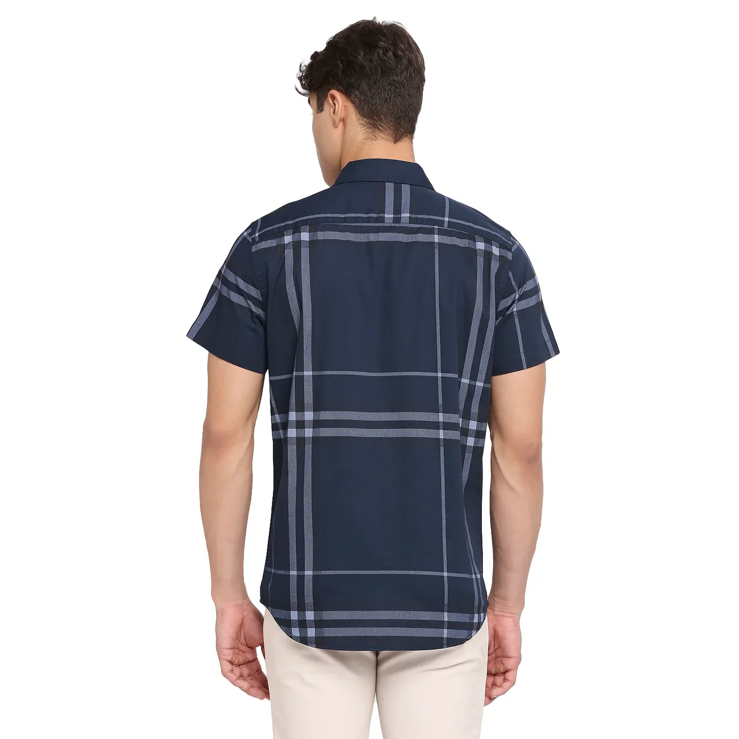 Blue Slim Straight Fit Regular Collar Short Sleeves Cotton Men's Shirt by Being Human Clothing - Image 4