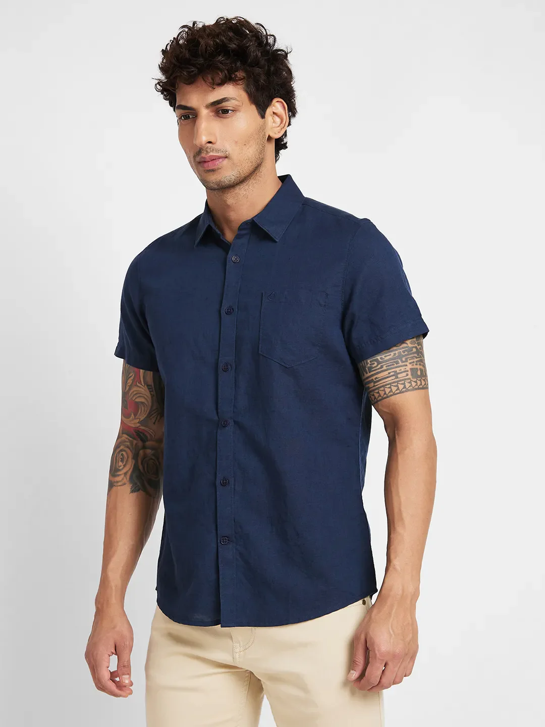 Blue Slim Straight Fit Regular Collar Short Sleeves Men's Shirt by Being Human Clothing - Image 3