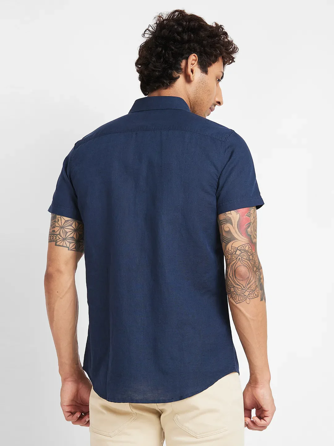 Blue Slim Straight Fit Regular Collar Short Sleeves Men's Shirt by Being Human Clothing - Image 4