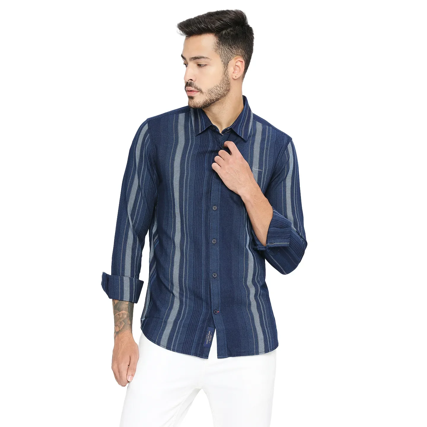 Blue Slim Straight Fit Regular Collar Long Sleeves Cotton Men's Shirt by Being Human Clothing