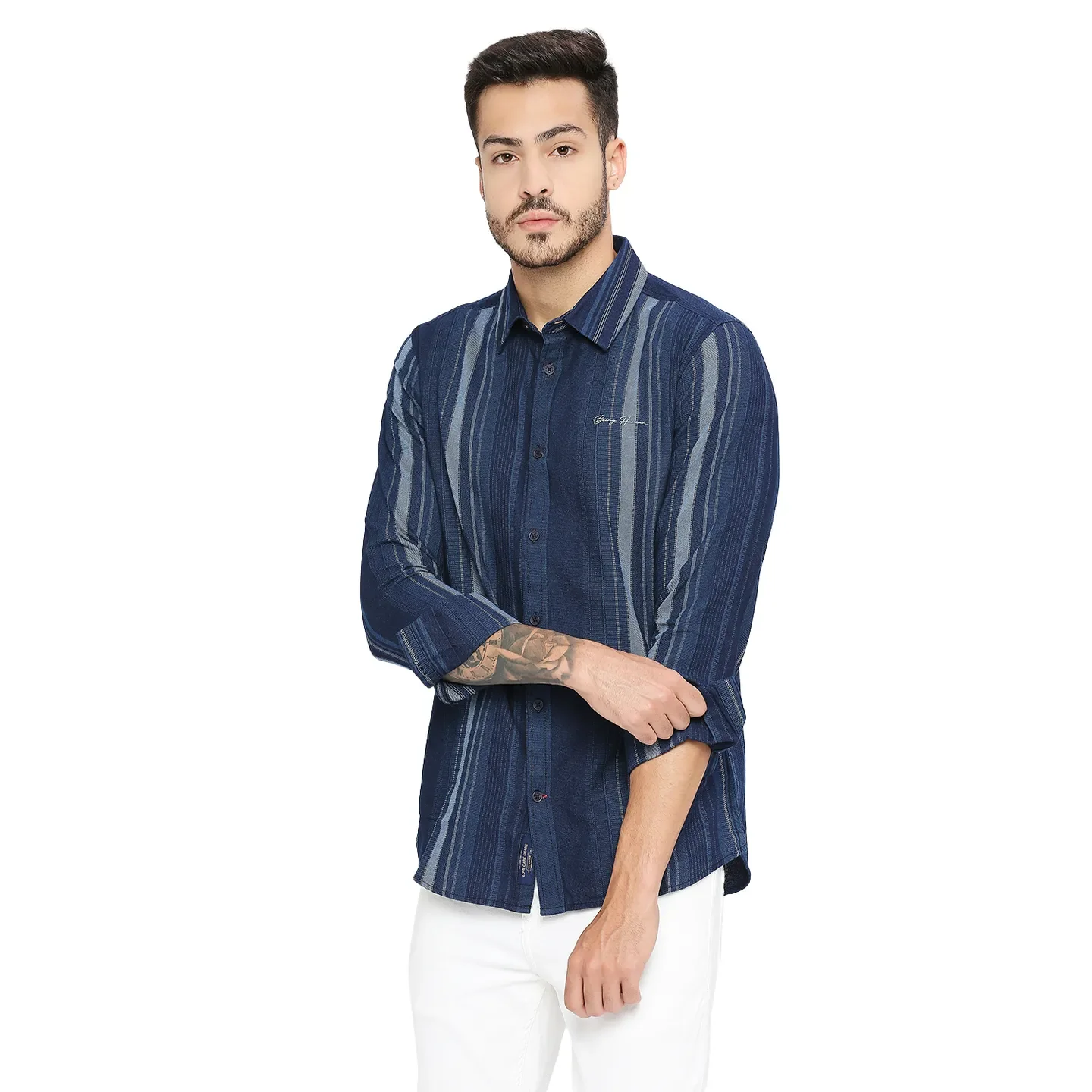Blue Slim Straight Fit Regular Collar Long Sleeves Cotton Men's Shirt by Being Human Clothing - Image 2