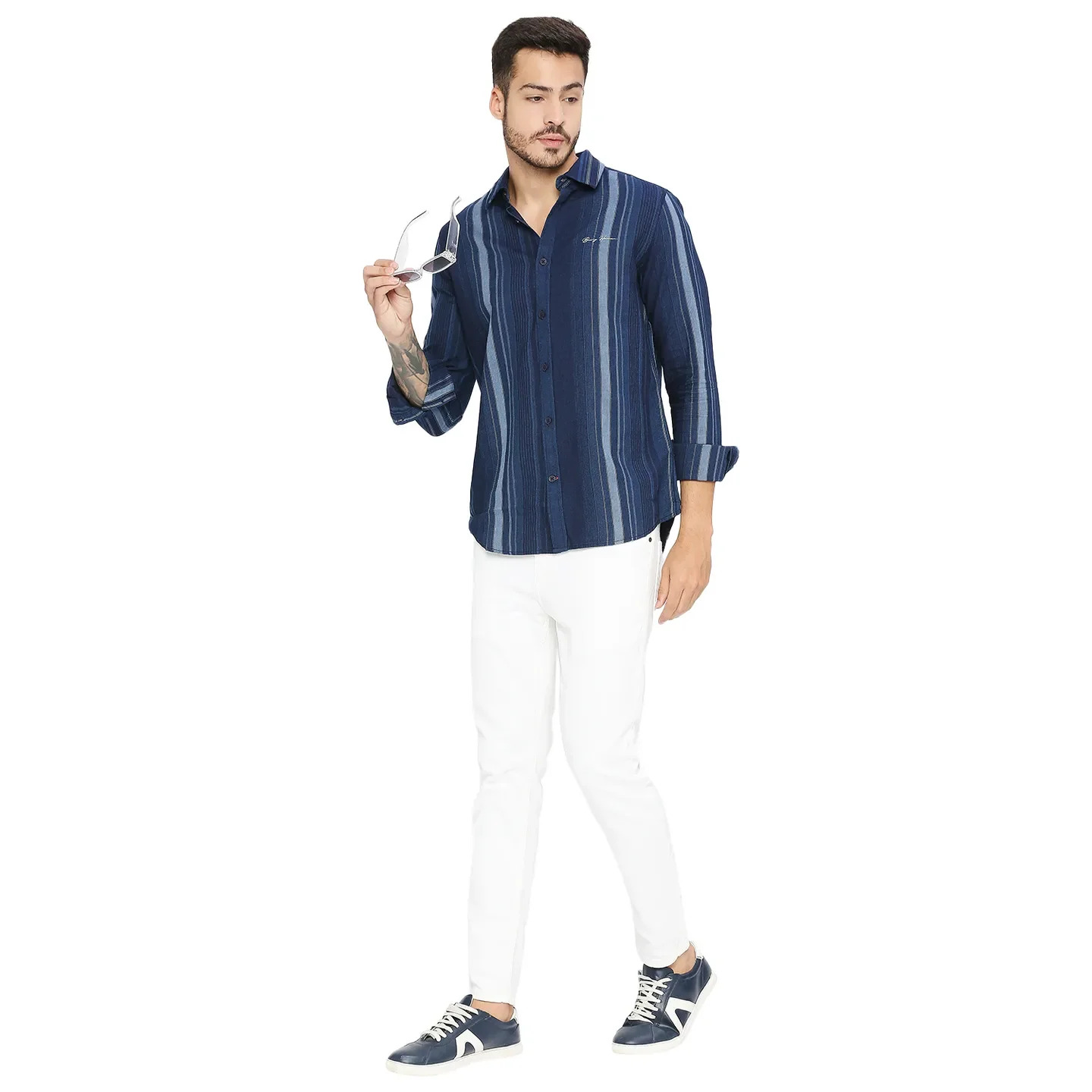 Blue Slim Straight Fit Regular Collar Long Sleeves Cotton Men's Shirt by Being Human Clothing - Image 6