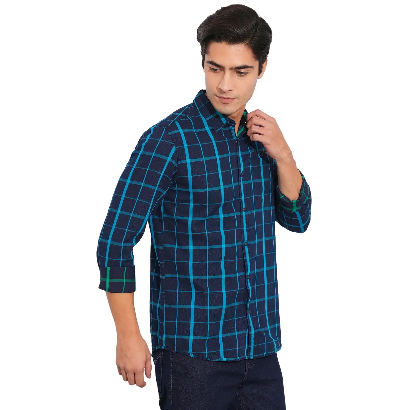 Blue Slim Straight Fit Regular Collar Long Sleeves Cotton Men's Shirt by Being Human Clothing - Image 2