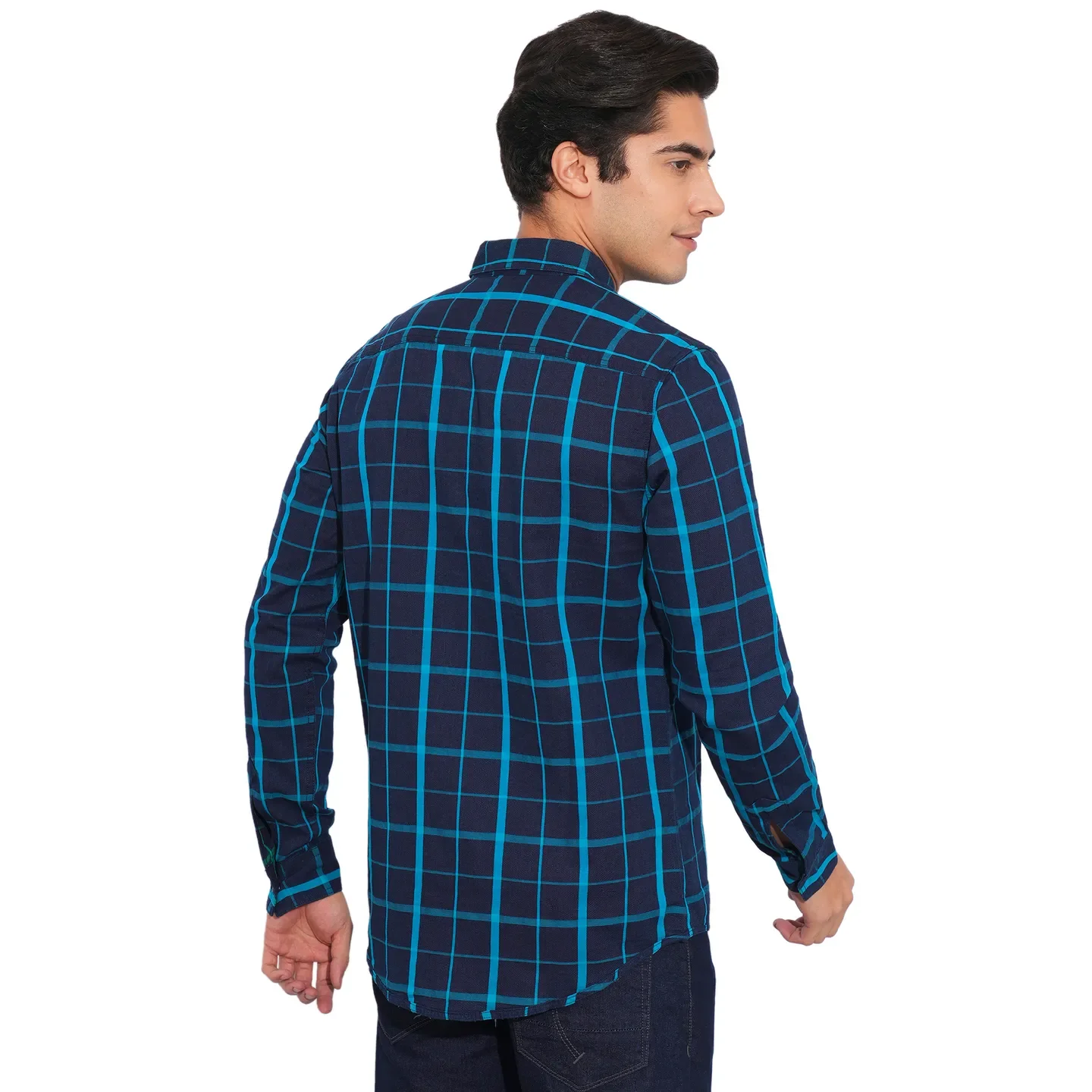 Blue Slim Straight Fit Regular Collar Long Sleeves Cotton Men's Shirt by Being Human Clothing - Image 3
