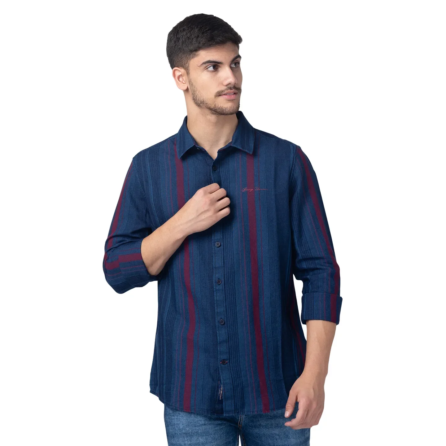 Blue Slim Straight Fit Regular Collar Long Sleeves Cotton Men's Shirt by Being Human Clothing