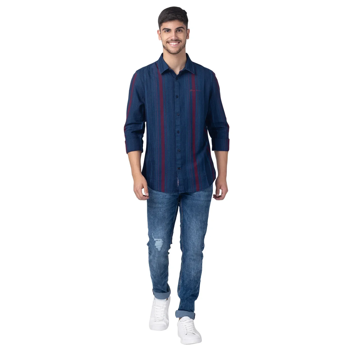 Blue Slim Straight Fit Regular Collar Long Sleeves Cotton Men's Shirt by Being Human Clothing - Image 5
