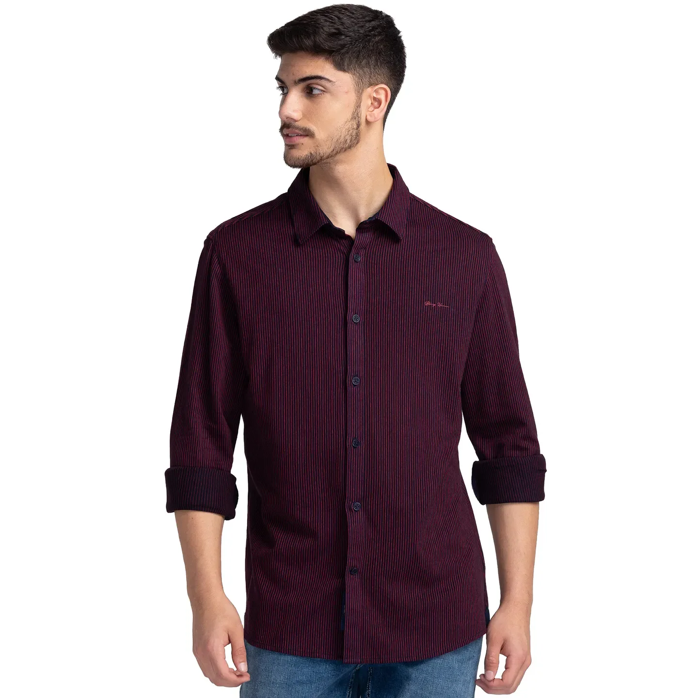 Blue Slim Straight Fit Regular Collar Long Sleeves Cotton Men's Shirt by Being Human Clothing