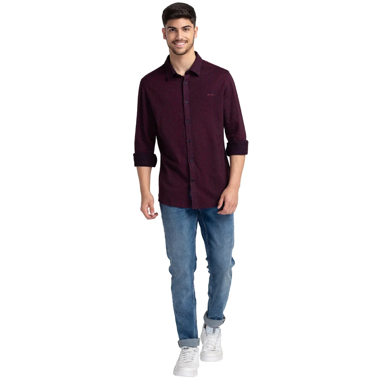 Blue Slim Straight Fit Regular Collar Long Sleeves Cotton Men's Shirt by Being Human Clothing - Image 5