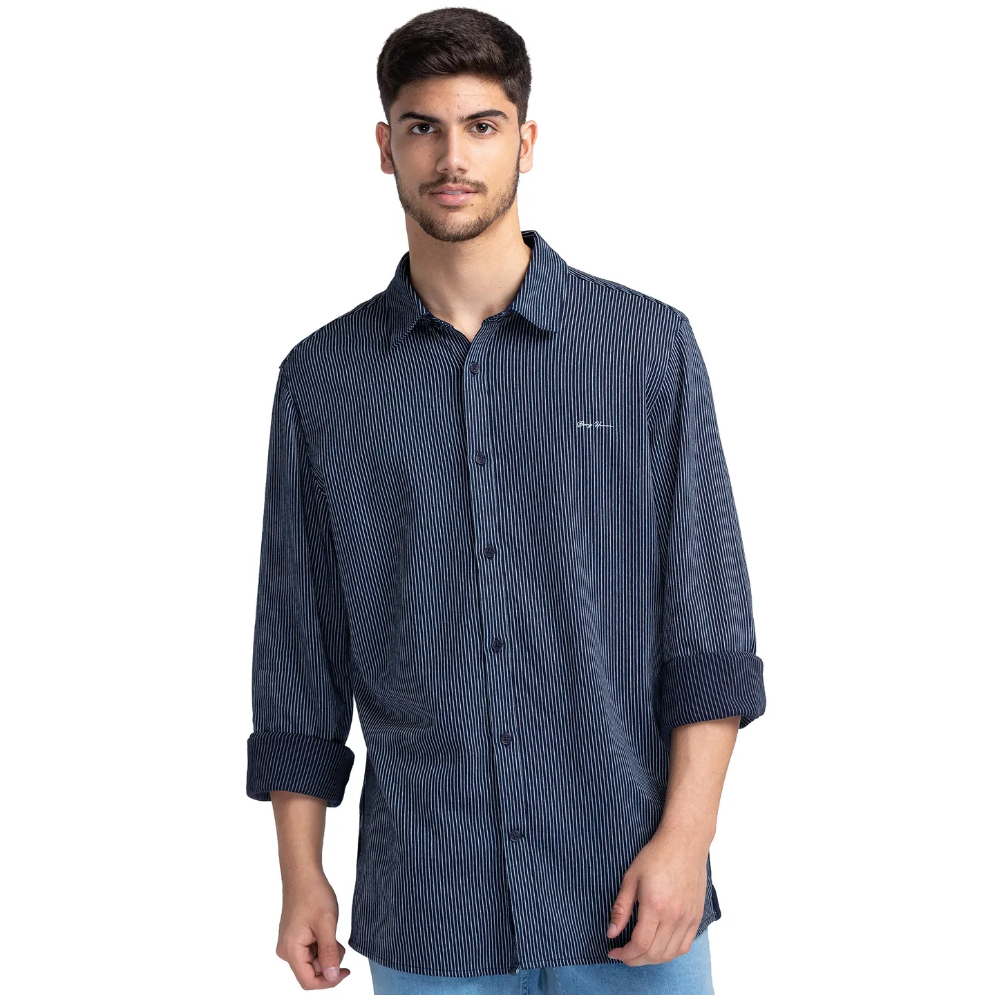 Blue Slim Straight Fit Regular Collar Long Sleeves Cotton Men's Shirt by Being Human Clothing