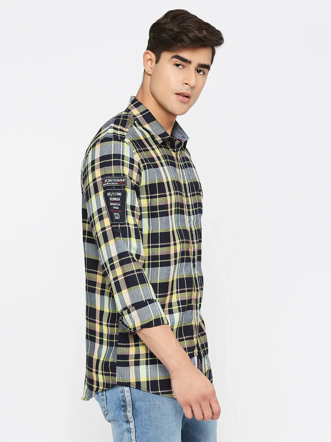 Blue Slim Straight Fit Regular Collar Short Sleeves Cotton Men's Shirt by Being Human Clothing - Image 3
