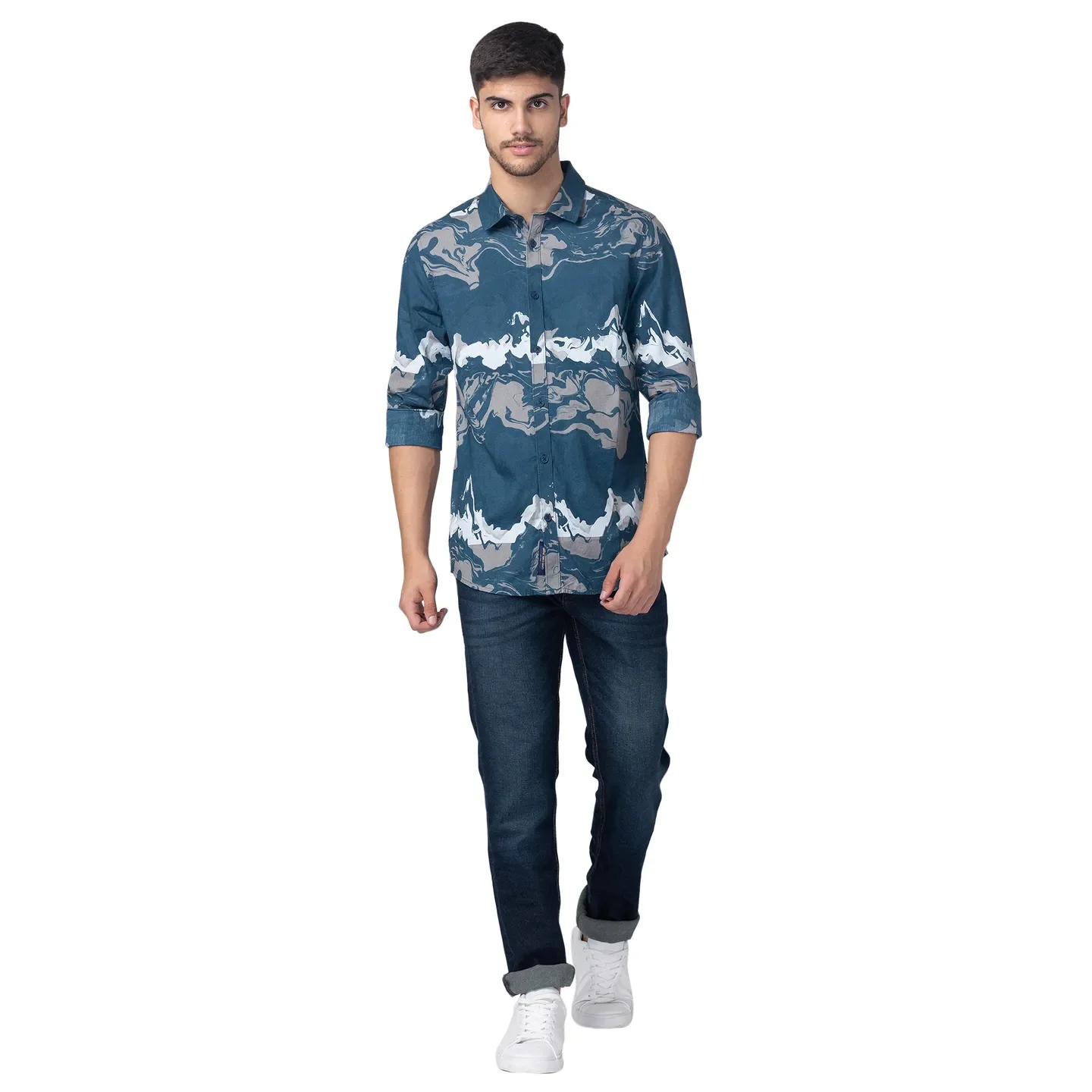 Blue Slim Straight Fit Regular Collar Long Sleeves Cotton Men's Shirt by Being Human Clothing - Image 5