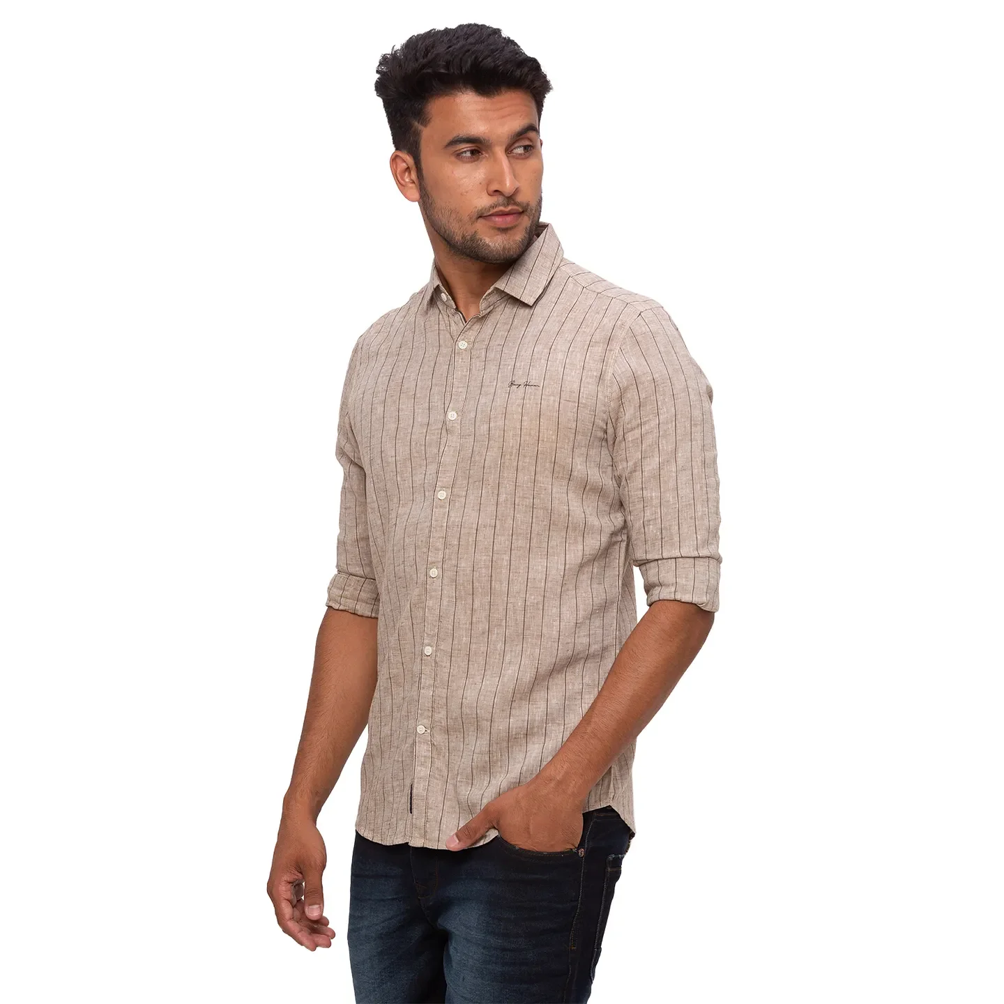 Olive Slim Straight Fit Regular Collar Long Sleeves Cotton Men's Shirt by Being Human Clothing - Image 2