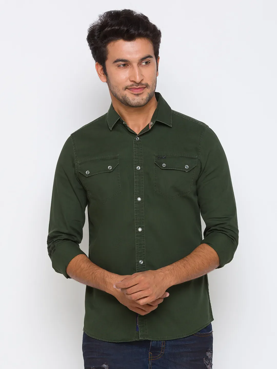 Olive Slim Straight Fit Regular Collar Long Sleeves Cotton Men's Shirt by Being Human Clothing