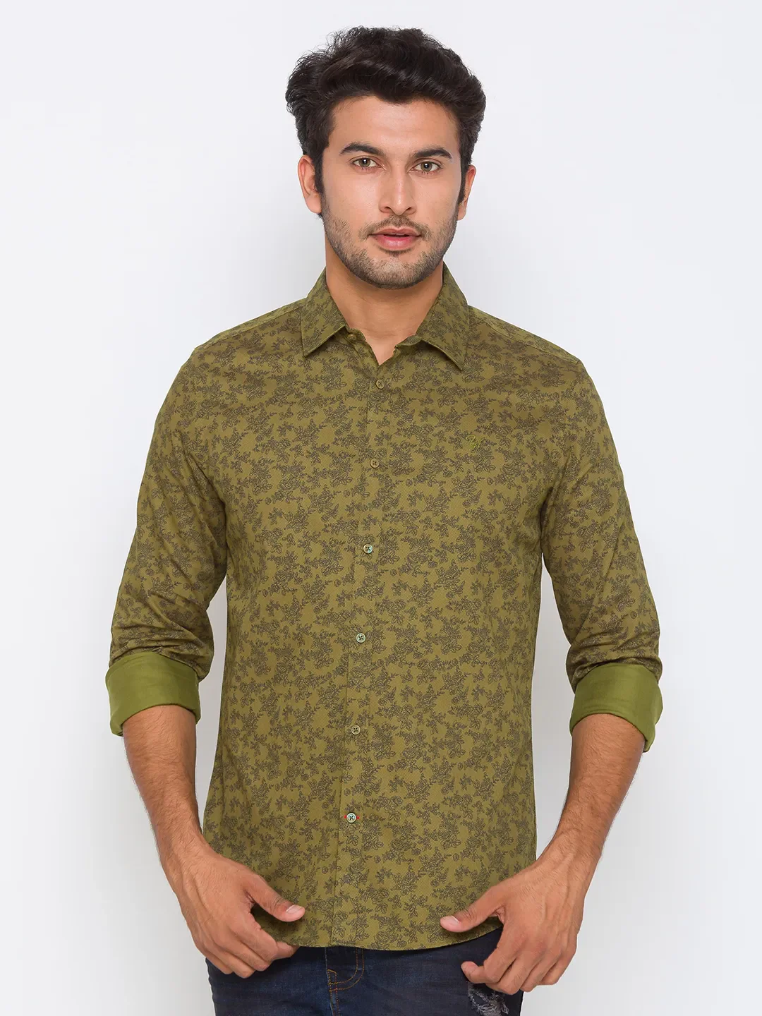 Olive Slim Straight Fit Regular Collar Long Sleeves Cotton Men's Shirt by Being Human Clothing