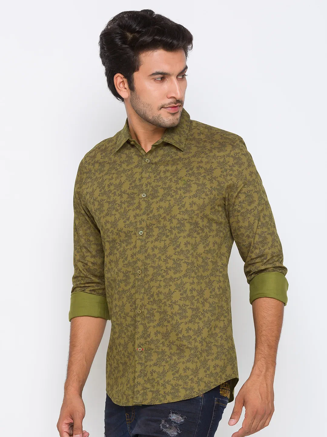 Olive Slim Straight Fit Regular Collar Long Sleeves Cotton Men's Shirt by Being Human Clothing - Image 2