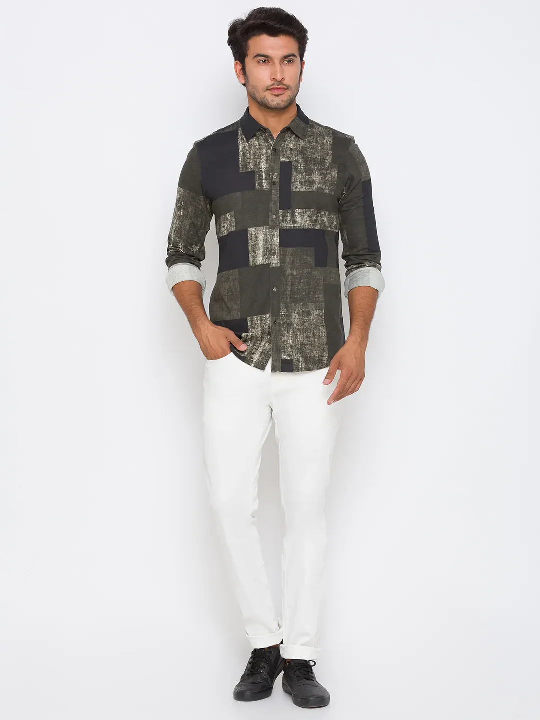Olive Slim Straight Fit Regular Collar Long Sleeves Cotton Men's Shirt by Being Human Clothing - Image 5